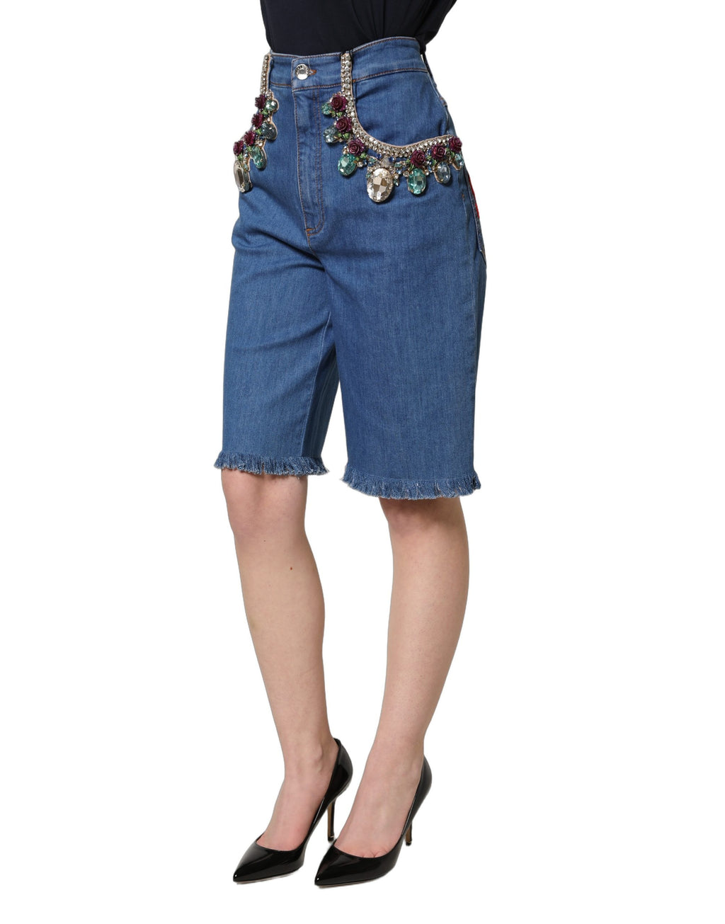 Shorts bermuda en denim bleu Dolce & Gabbana en coton avec embellissements, mode élégante pour homme ou femme.