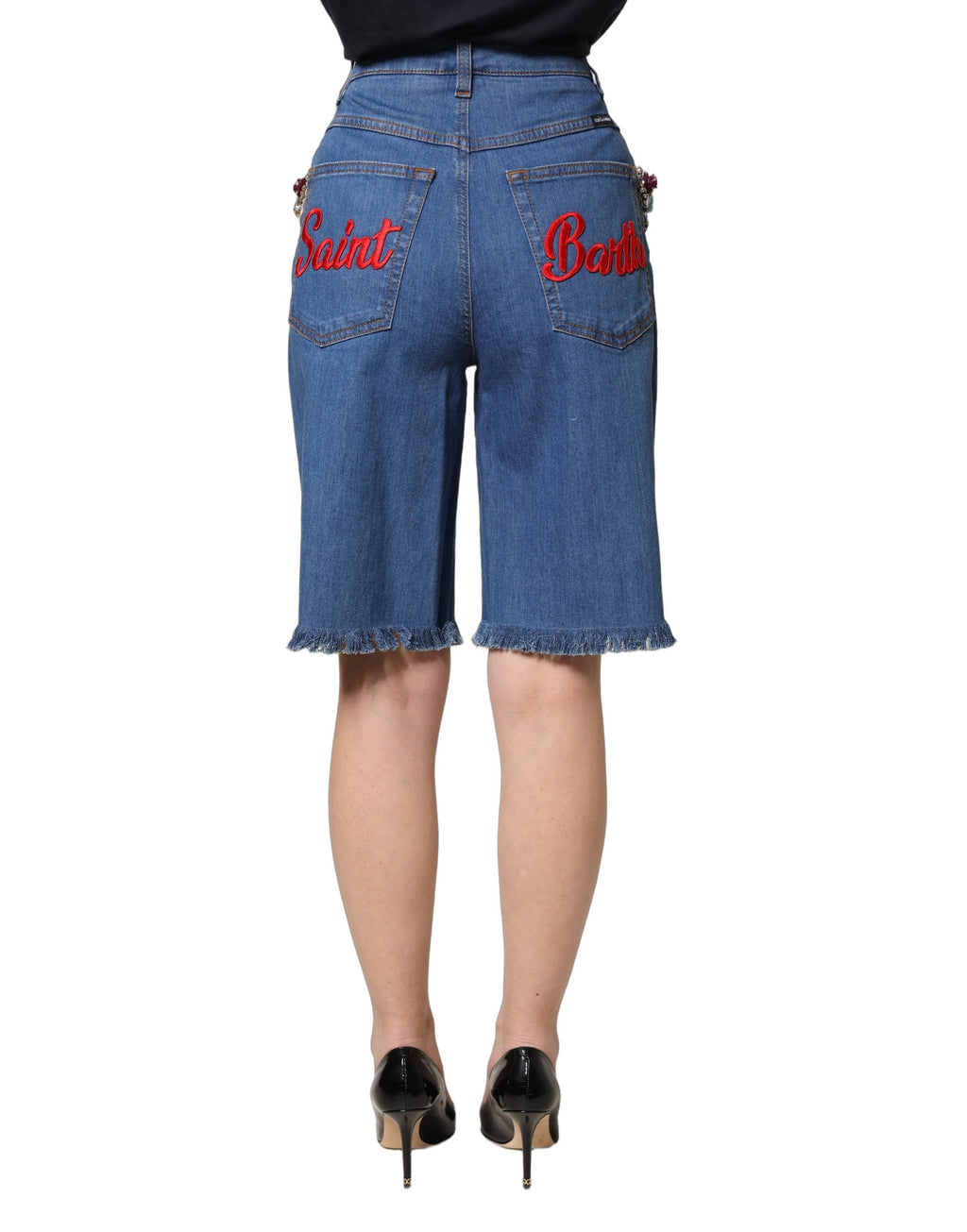 Shorts Bermuda en denim coton bleu Dolce & Gabbana avec embellissements, mode élégante et décontractée.