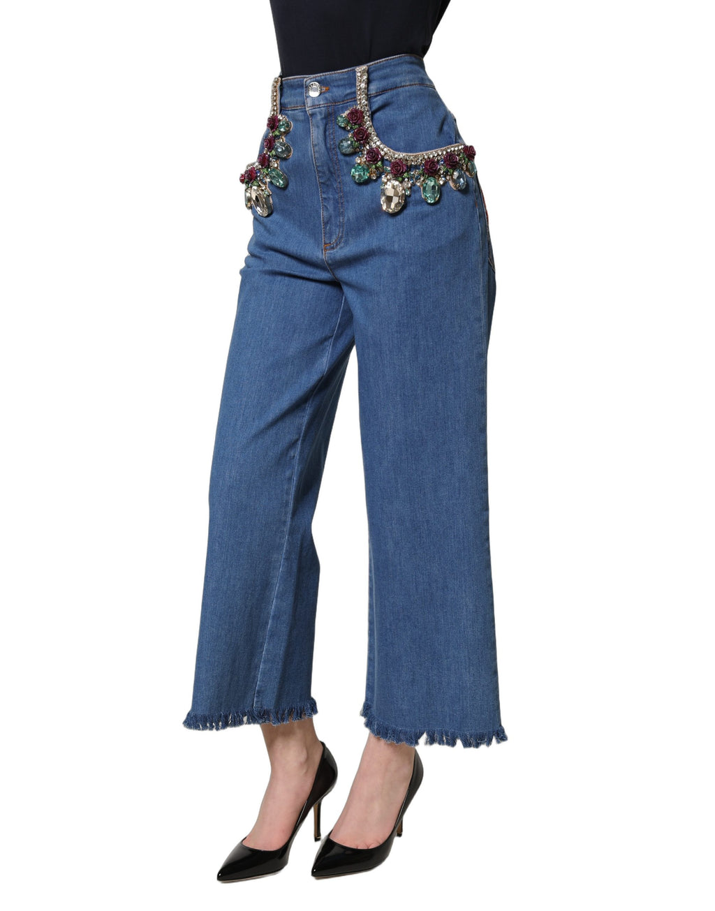 Jeans en denim large et court Dolce & Gabbana bleu orné de broderies et embellissements.