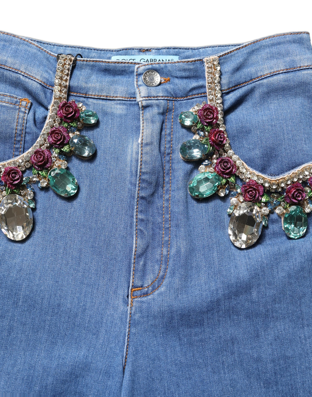 Pantalon en jean large et court Dolce & Gabbana bleu avec embellissements, style décontracté et tendance.