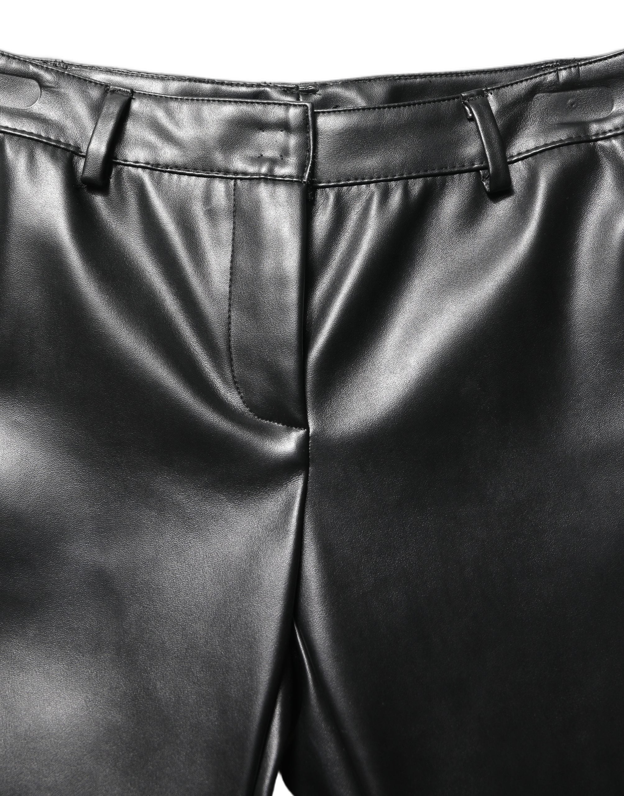Pantalon noir en cuir synthétique à taille haute de Dolce & Gabbana, style élégant et sophistiqué, visible avec détails en cuir.