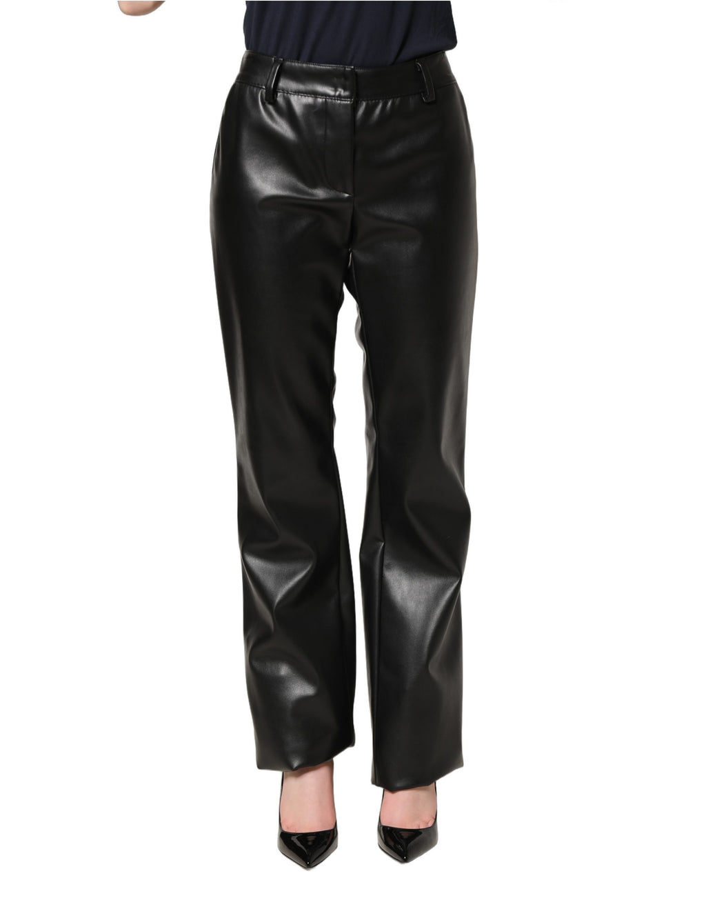 Pantalon haute taille en cuir synthétique noir de la marque Dolce & Gabbana, style élégant et moderne.