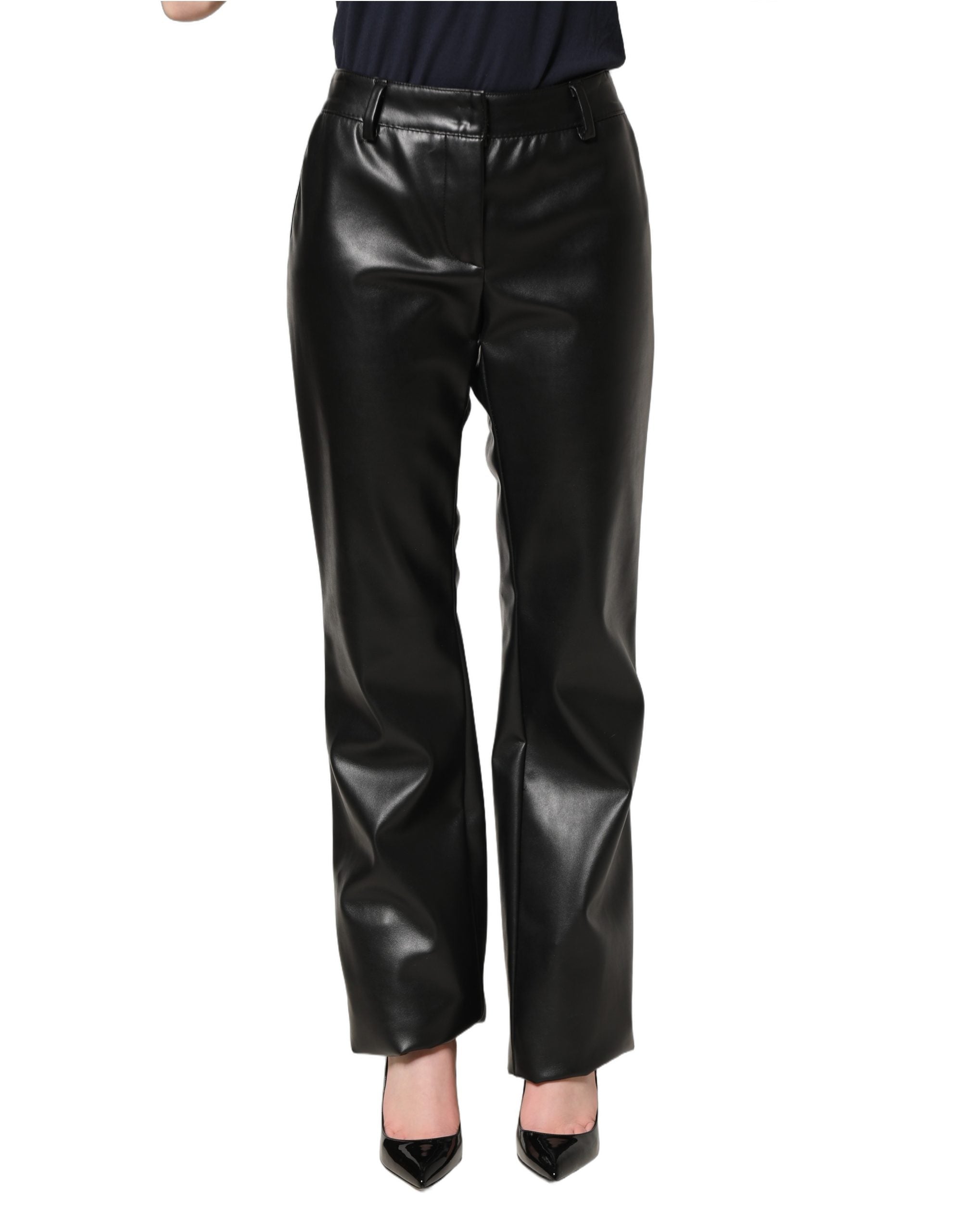 Pantalon haute taille en cuir synthétique noir de la marque Dolce & Gabbana, style élégant et moderne.