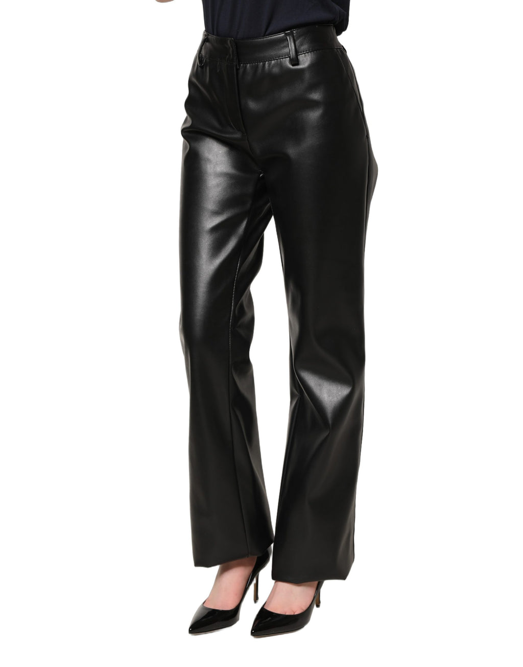 Pantalon noir en cuir PU à taille haute de Dolce & Gabbana, style élégant et moderne, visible en détail sur l'image.