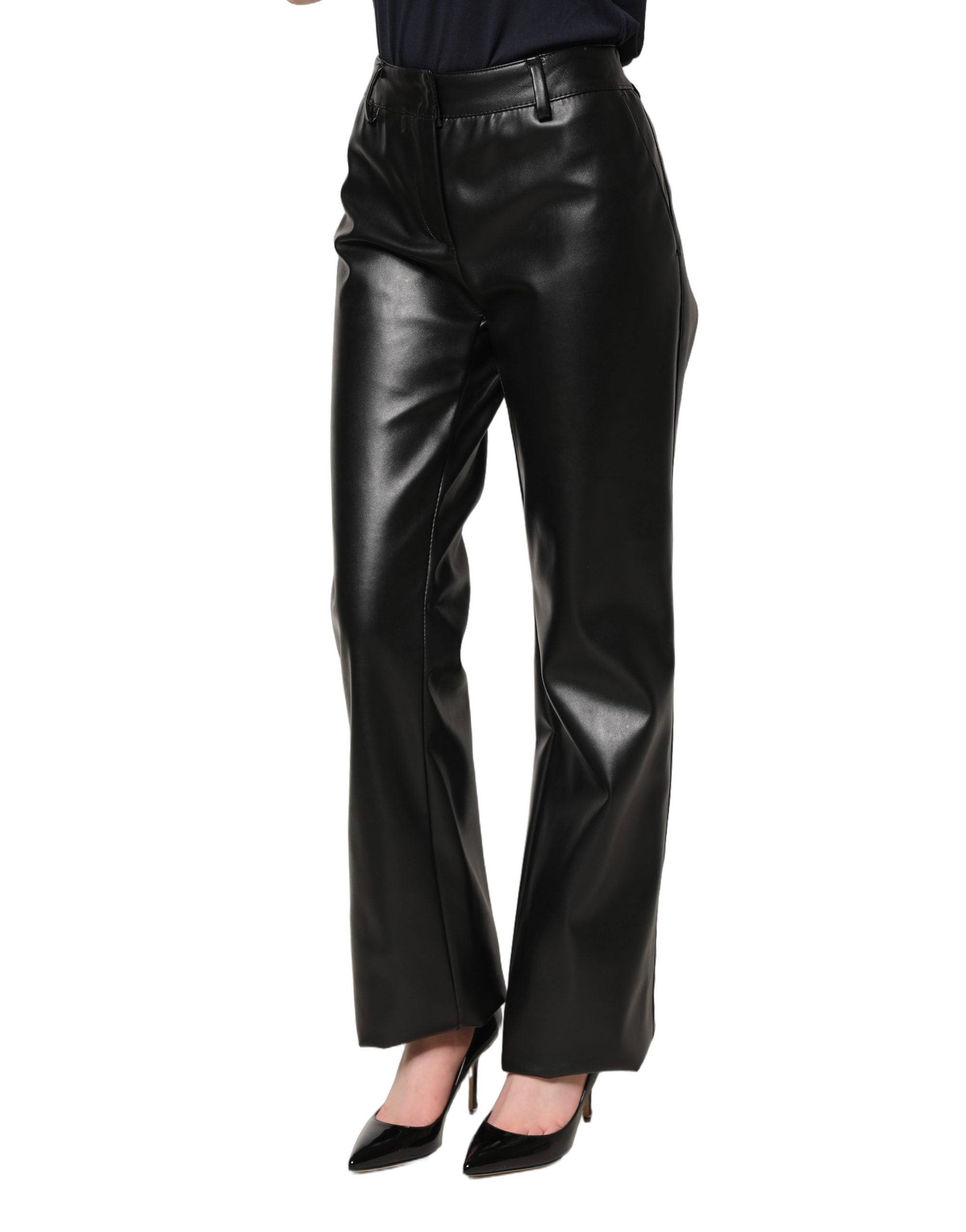 Pantalon noir en cuir PU à taille haute de Dolce & Gabbana, style élégant et moderne, visible en détail sur l'image.