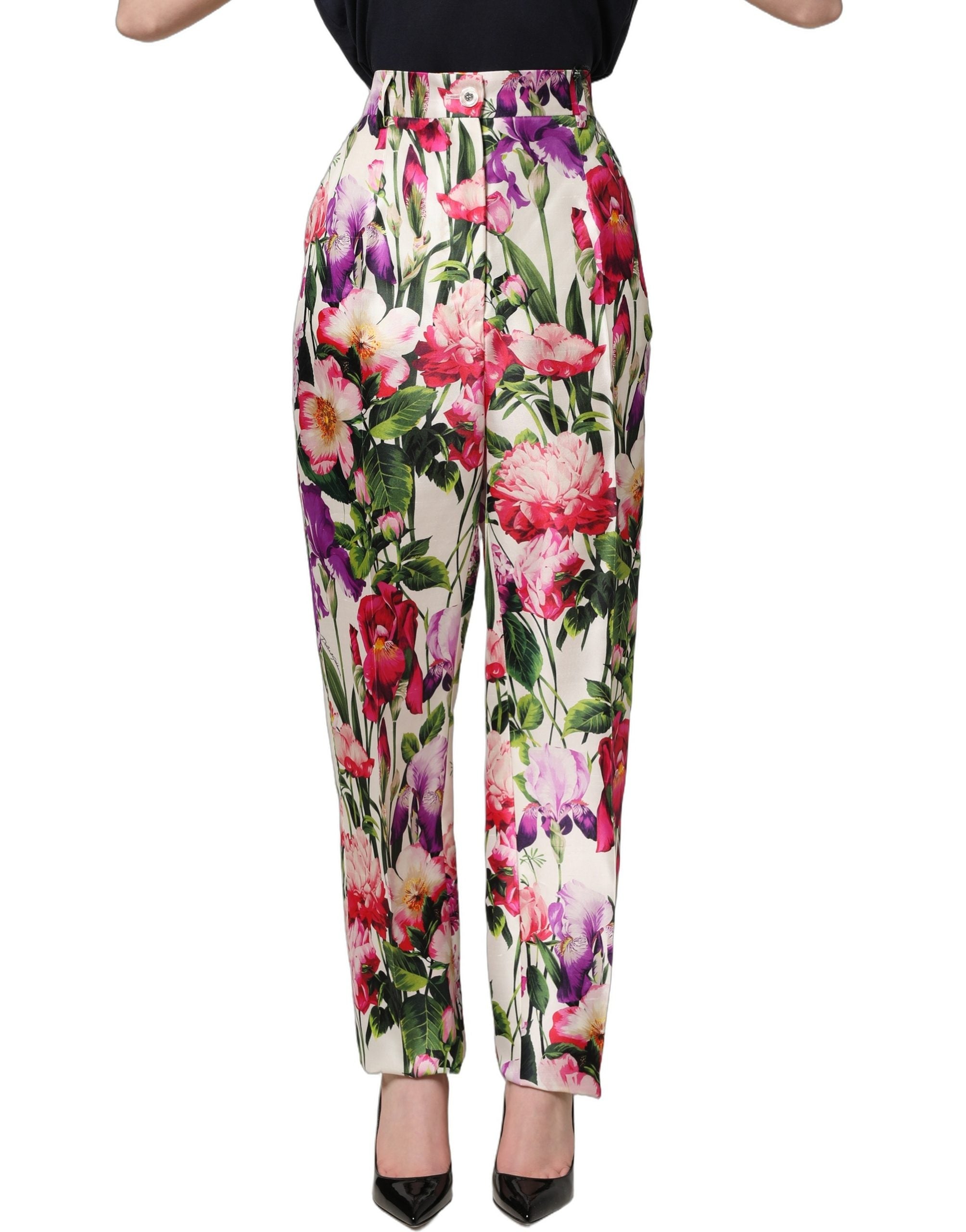 Pantalon tapered Dolce & Gabbana à imprimé floral multicolore, style élégant et tendance, en tissu léger et confortable.