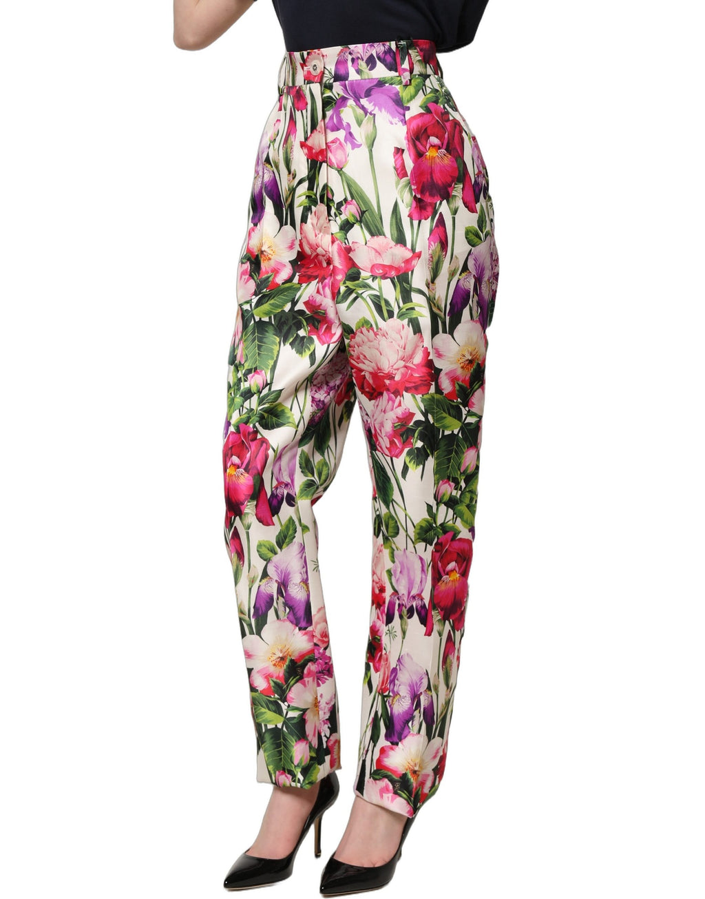Pantalon tapered Dolce & Gabbana à motif floral multicolore, style élégant avec coupe ajustée, en tissu léger.