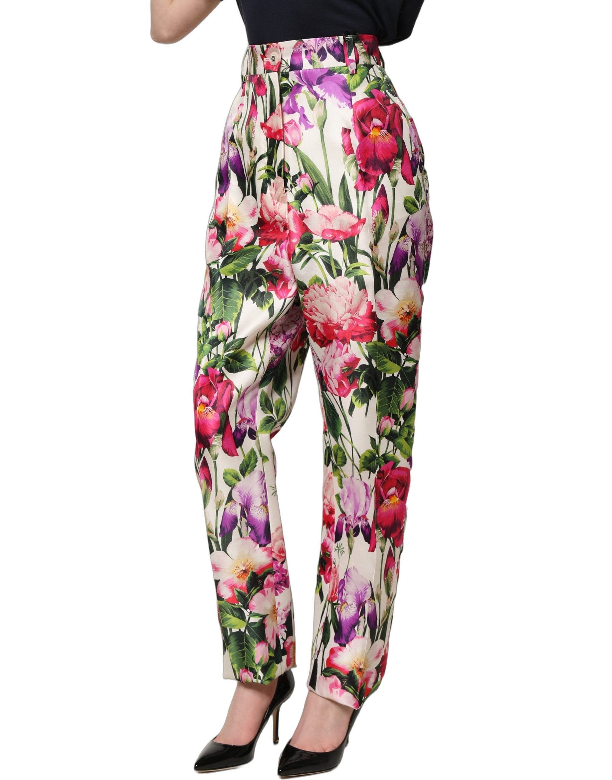 Pantalon tapered Dolce & Gabbana à motif floral multicolore, style élégant avec coupe ajustée, en tissu léger.