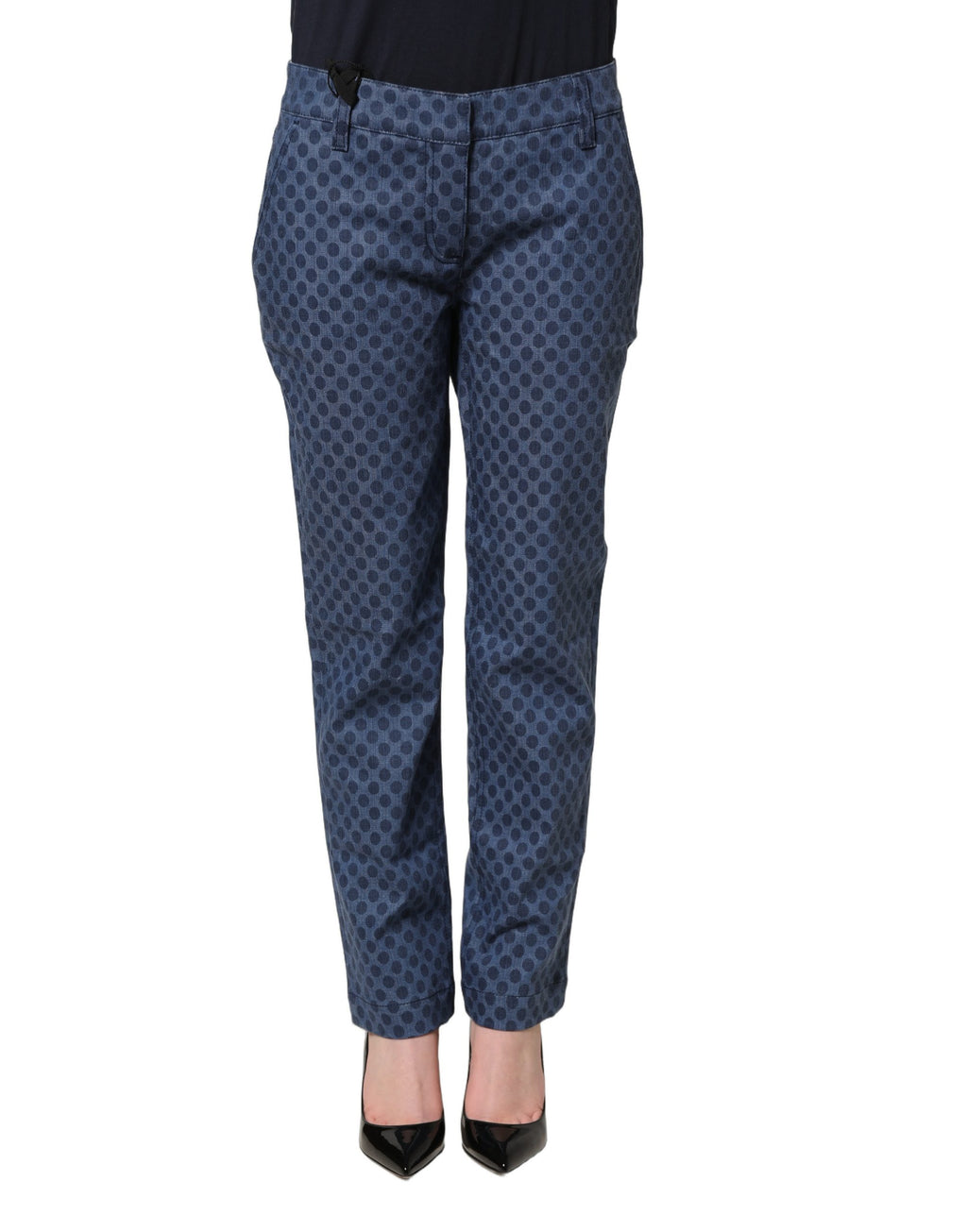 Jeans Capri slim bleu à pois Dolce & Gabbana, denim léger avec coupe ajustée et détails à pois blancs.
