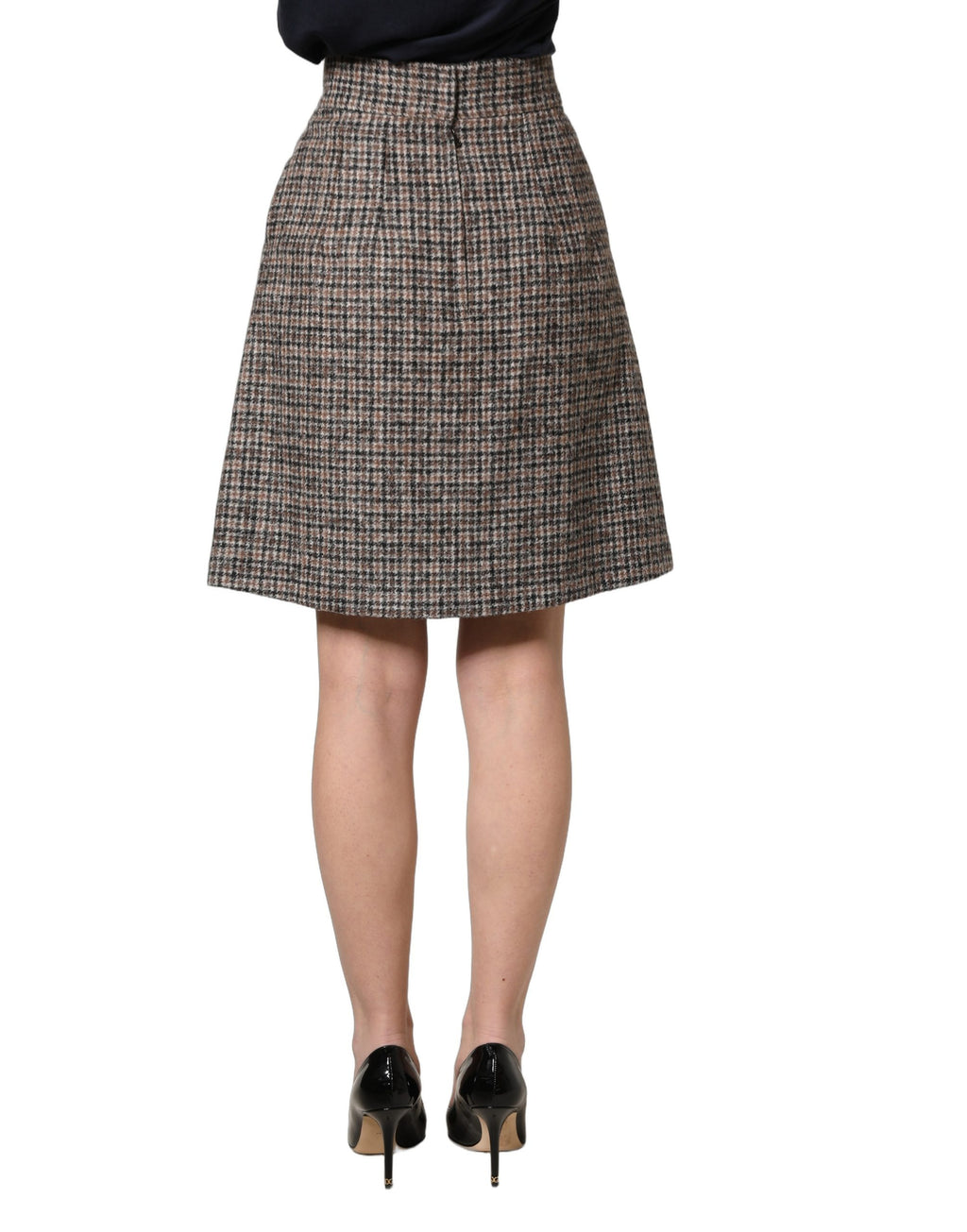 Jupe courte en tweed marron à plis plats à la taille haute de Dolce & Gabbana, vue de face.