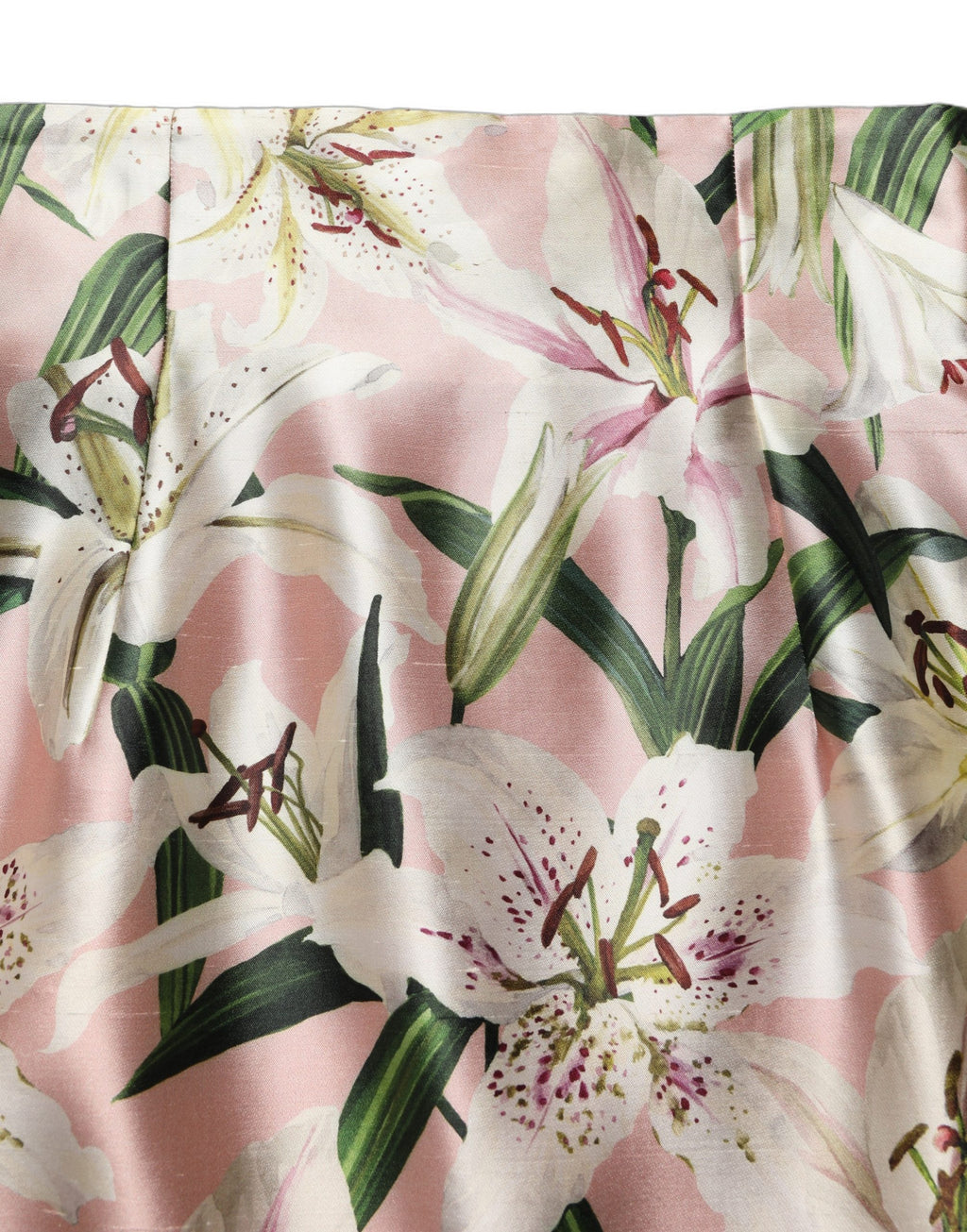 Jupe longue à la taille haute Dolce & Gabbana en tissu rose avec motif Lilium, longueur au genou, élégante et sophistiquée.