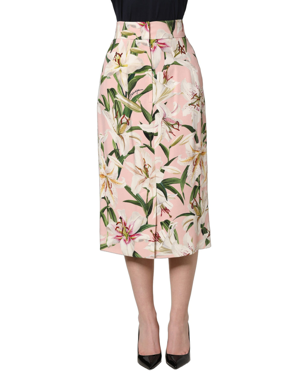 Jupe crayon haute taille en imprimé Lilium rose de Dolce & Gabbana, tissu élégant et féminin.