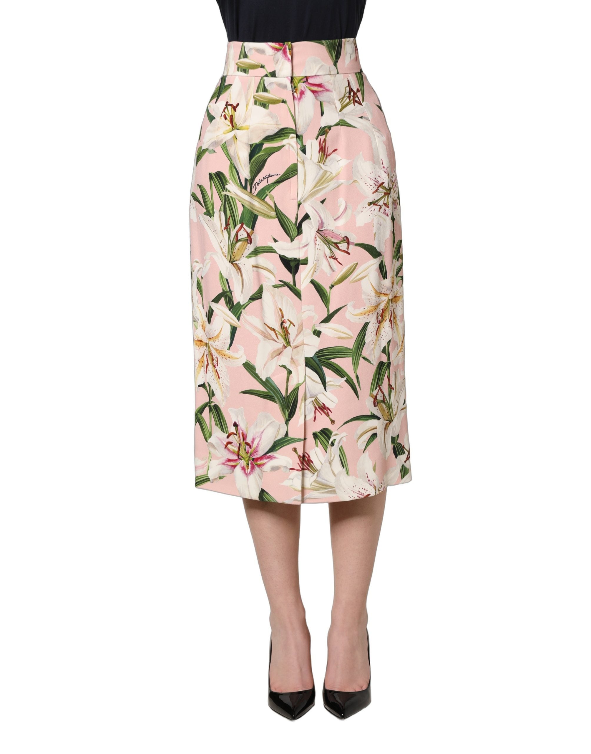 Jupe crayon haute taille en imprimé Lilium rose de Dolce & Gabbana, tissu élégant et féminin.