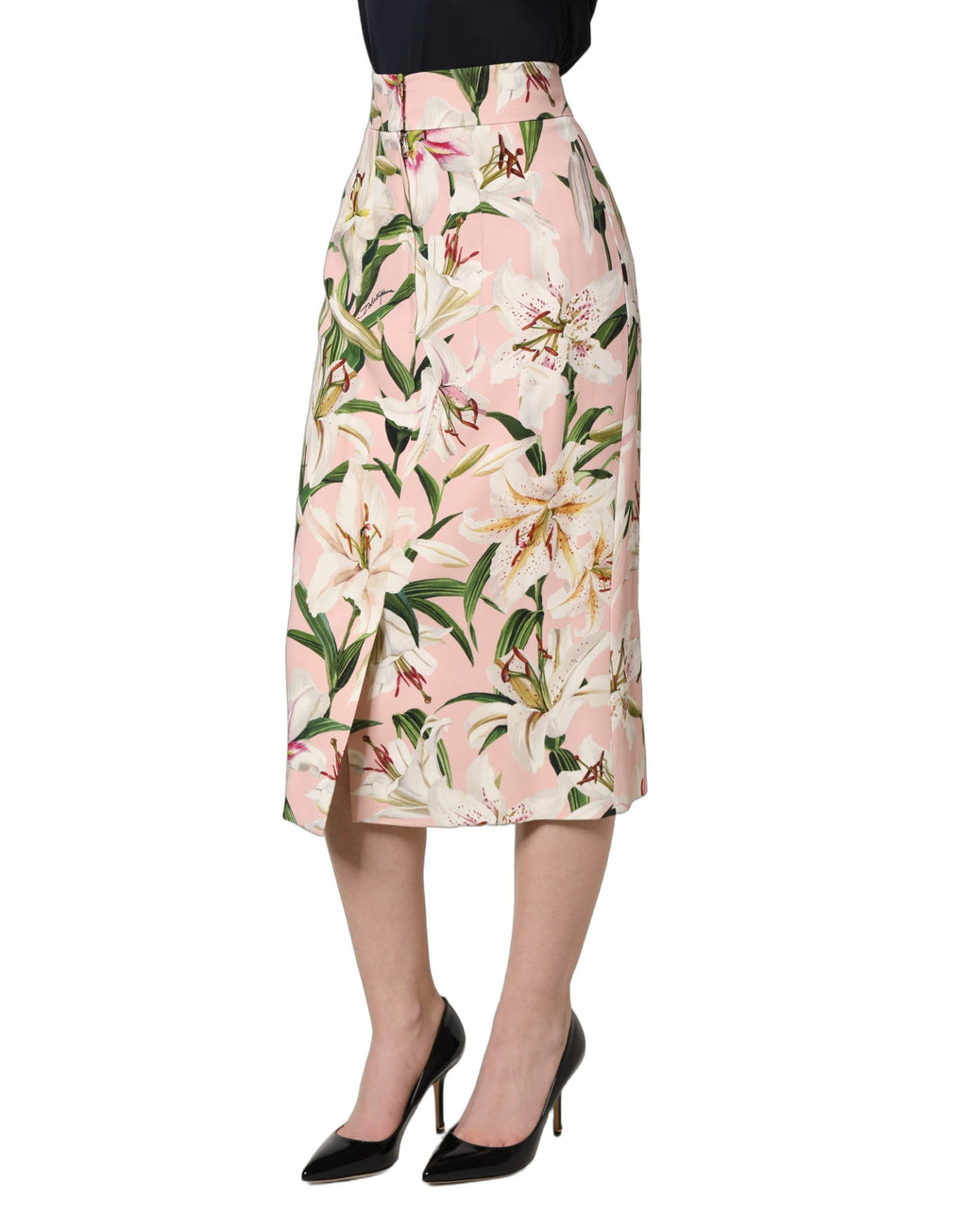 Jupe crayon rose à imprimé lys haute taille de Dolce & Gabbana, tissu élégant et féminin.