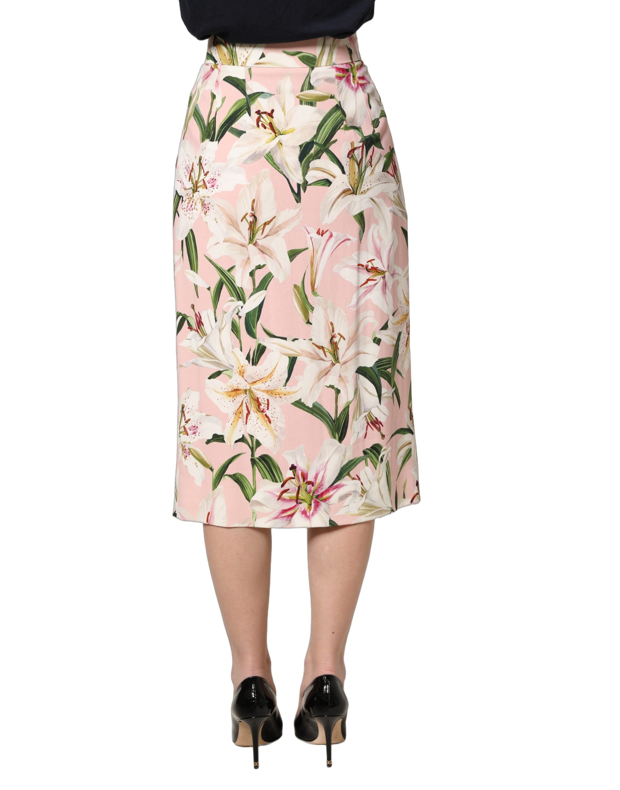Jupe crayon haute taille Dolce & Gabbana en tissu rose avec imprimé Lilium, élégante et flatteuse.