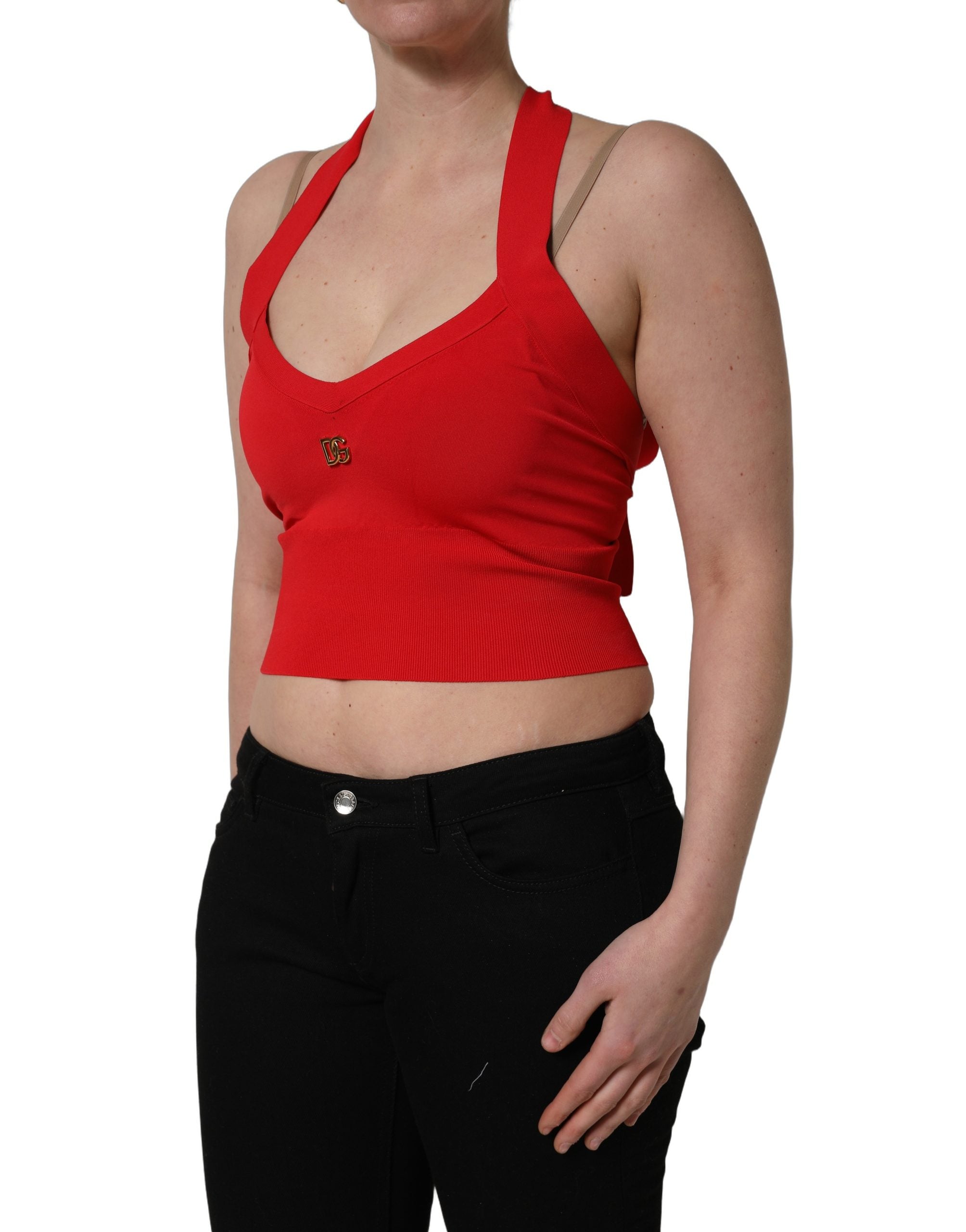 Top crop sans manches en viscose rouge Dolce & Gabbana, style halter avec encolure dégagée et coupe moderne.