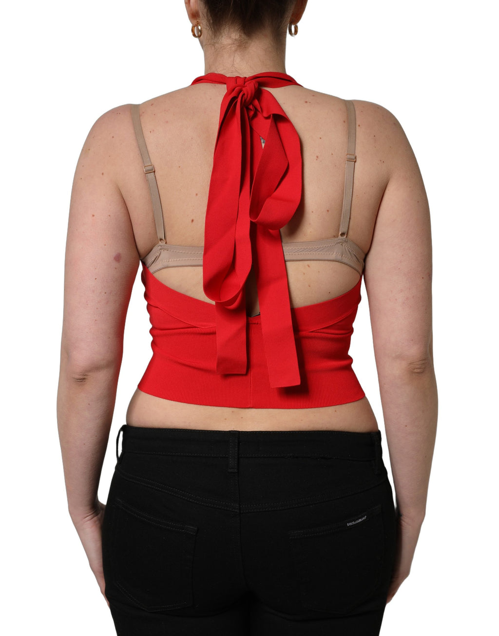 Débardeur crop sans manches Dolce & Gabbana en viscose rouge avec col halter, vue de face sur fond blanc.