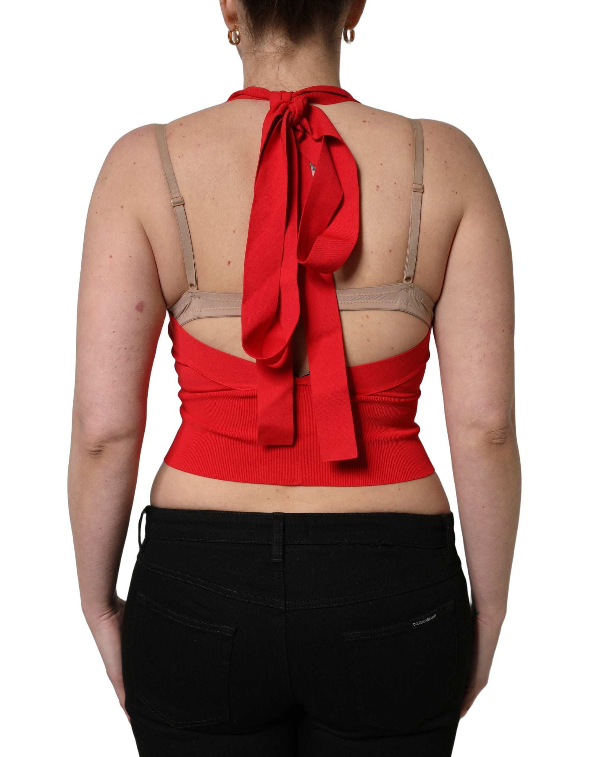 Débardeur crop sans manches Dolce & Gabbana en viscose rouge avec col halter, vue de face sur fond blanc.