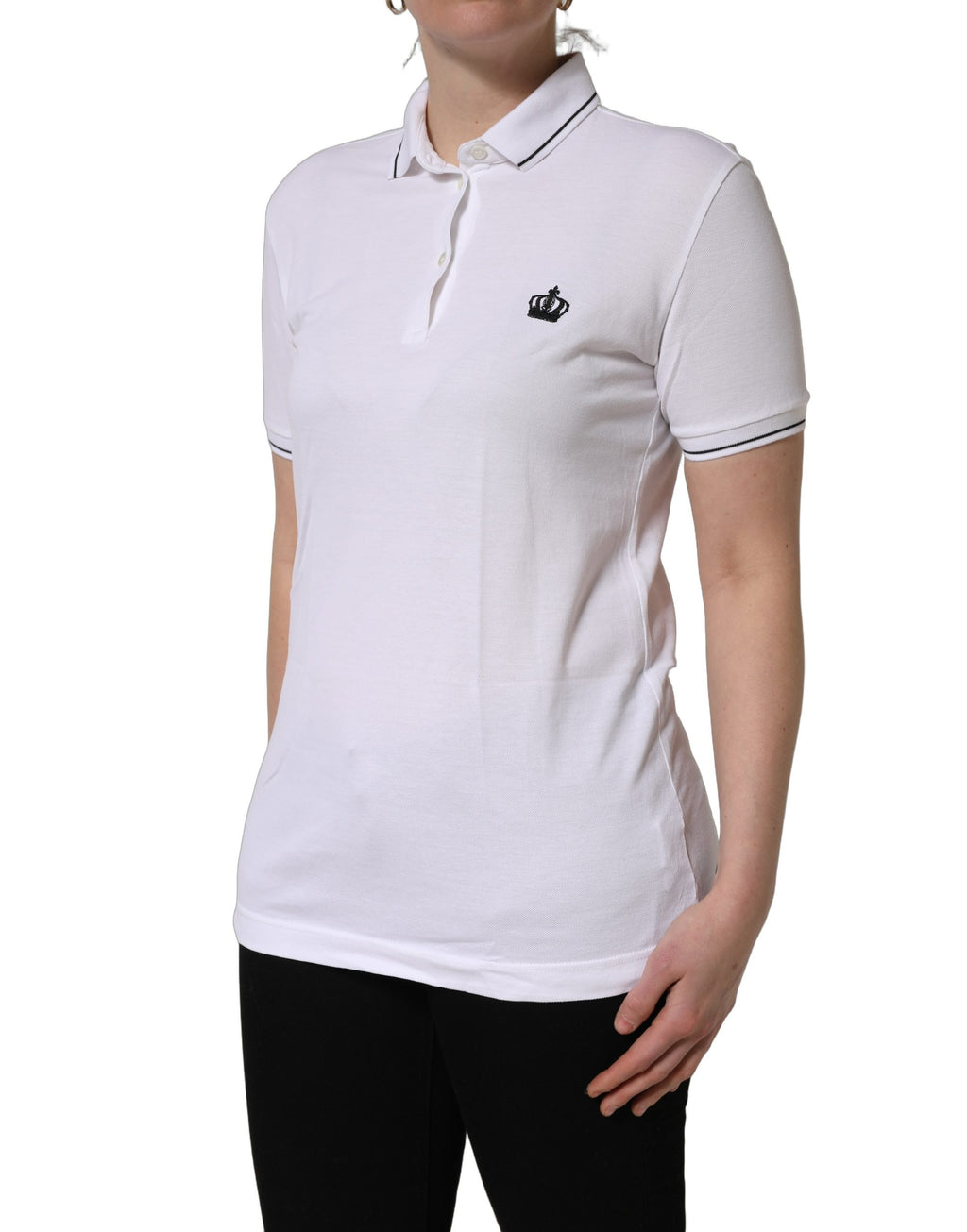 Polo à manches courtes blanc en coton de Dolce & Gabbana avec détail de couronne sur le devant.