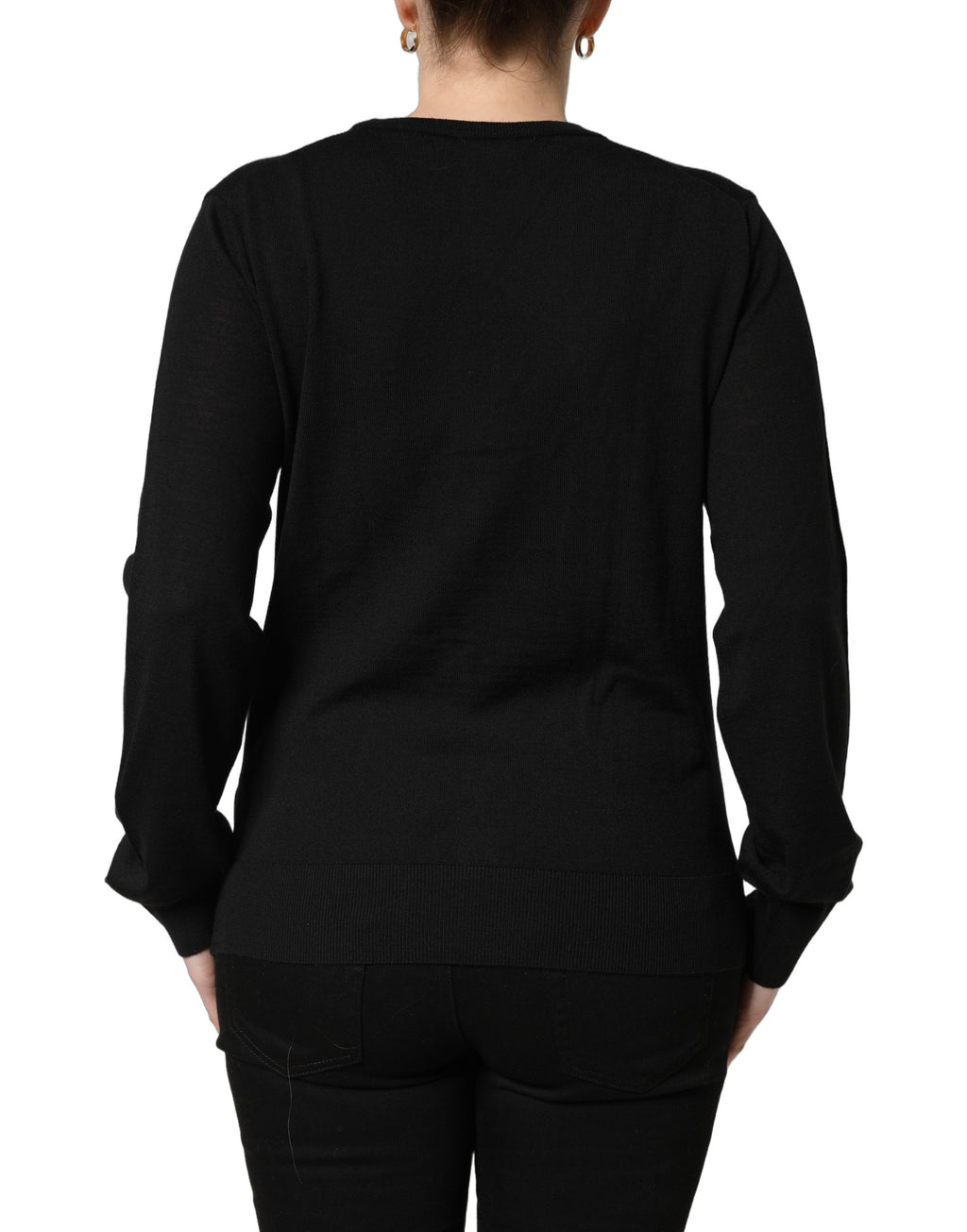 Pull cardigan en laine noire Dolce & Gabbana avec boutons, vue détaillée du devant, élégant et chaud.