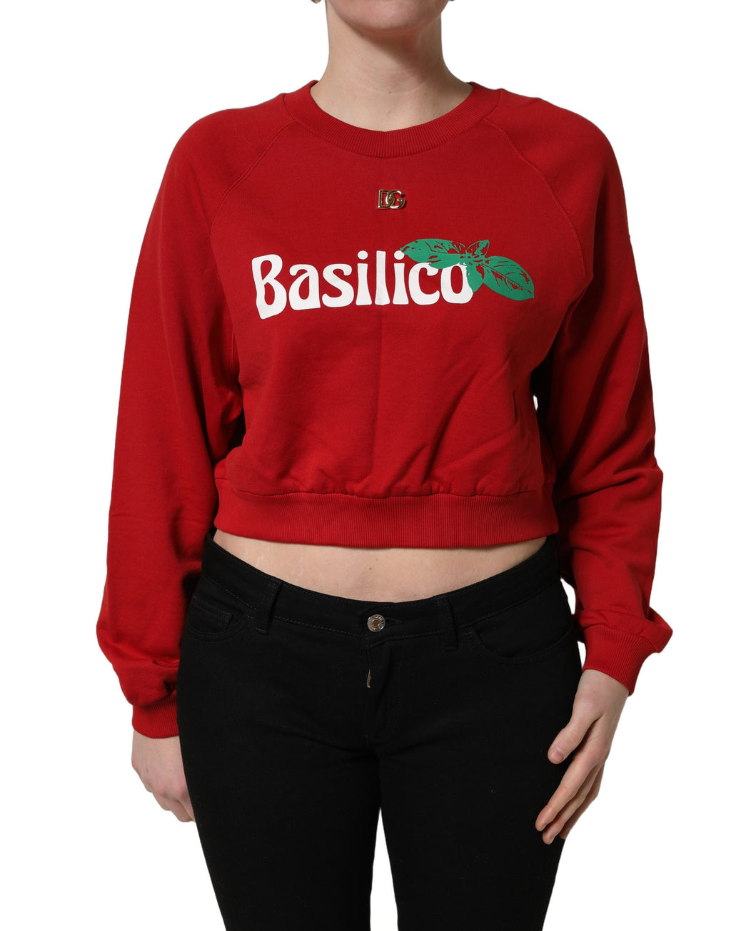 Sweatshirt Dolce & Gabbana en coton rouge Cropped Basilico, vue de face, avec logo et détails de style.