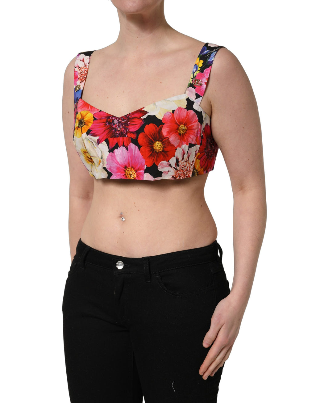 Débardeur court Dolce & Gabbana à fleurs multicolores, bustier crop top en tissu léger avec motifs floraux colorés.