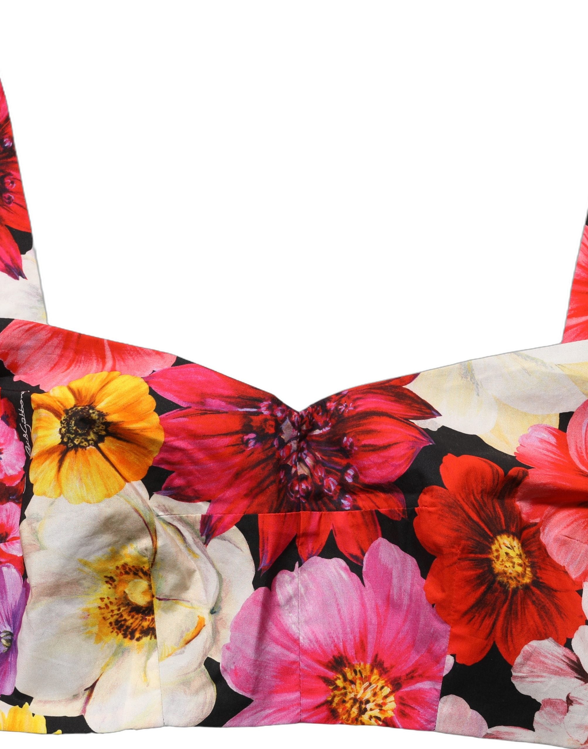 Top bustier court à fleurs multicolores de Dolce & Gabbana, en coton léger, avec détails floraux colorés et coupe cropped.