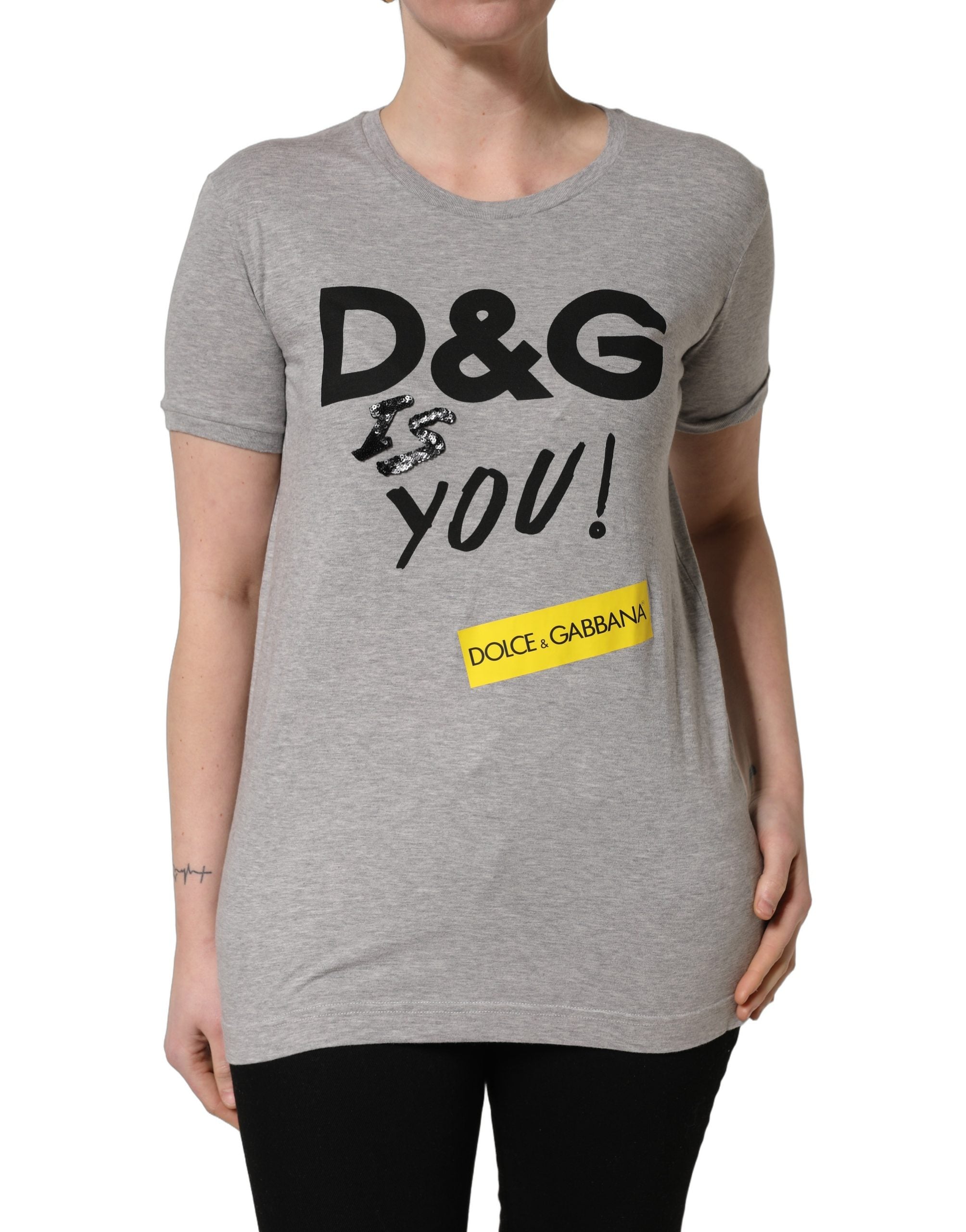T-shirt gris en coton Dolce & Gabbana avec logo imprimé, col rond, style décontracté et moderne.