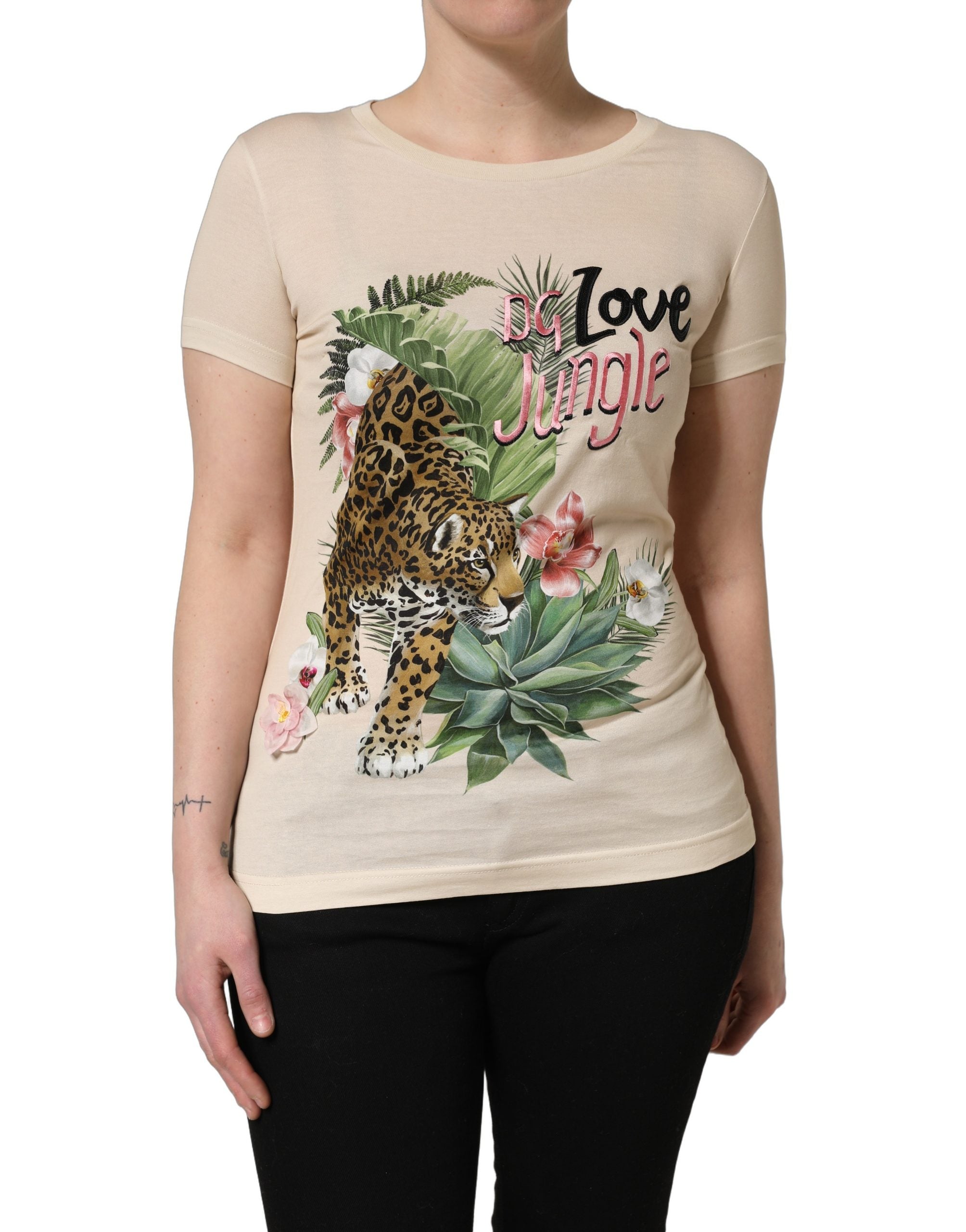 T-shirt beige en coton à col rond avec motif jungle Dolce & Gabbana, vue de face.