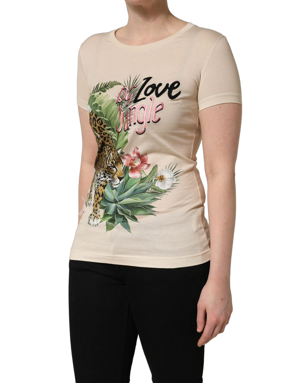 T-shirt rond en coton beige avec motif jungle Dolce & Gabbana, design élégant et confortable pour un style tendance.
