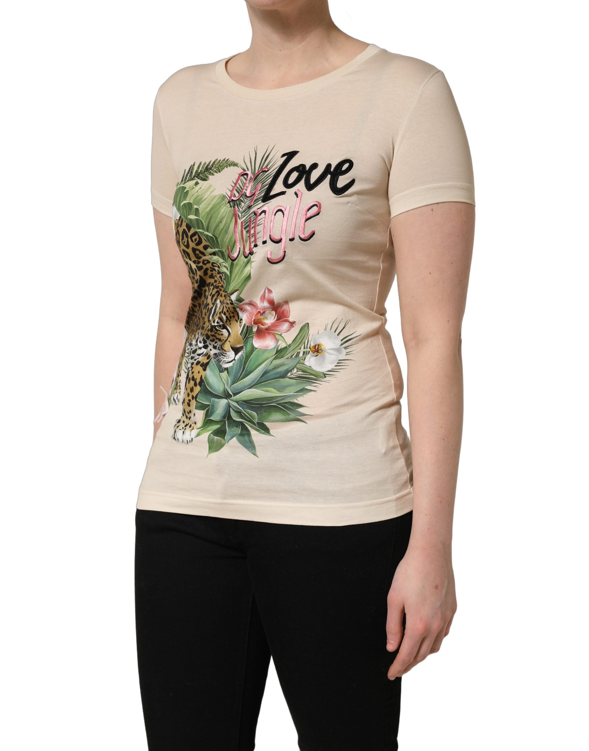 T-shirt rond en coton beige avec motif jungle Dolce & Gabbana, design élégant et confortable pour un style tendance.