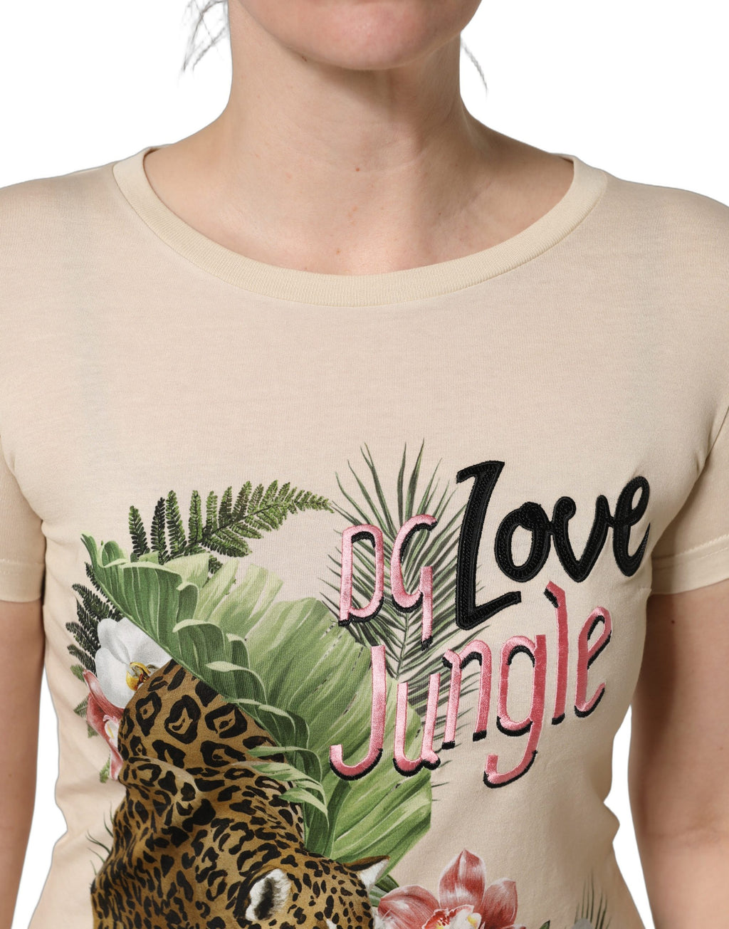 T-shirt rond en coton beige avec motif jungle de Dolce & Gabbana, design élégant et confortable.