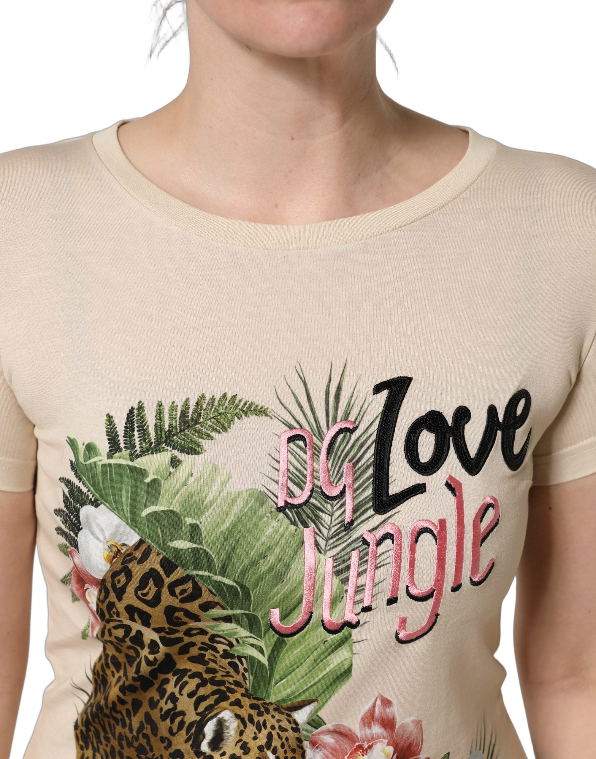 T-shirt rond en coton beige avec motif jungle de Dolce & Gabbana, design élégant et confortable.