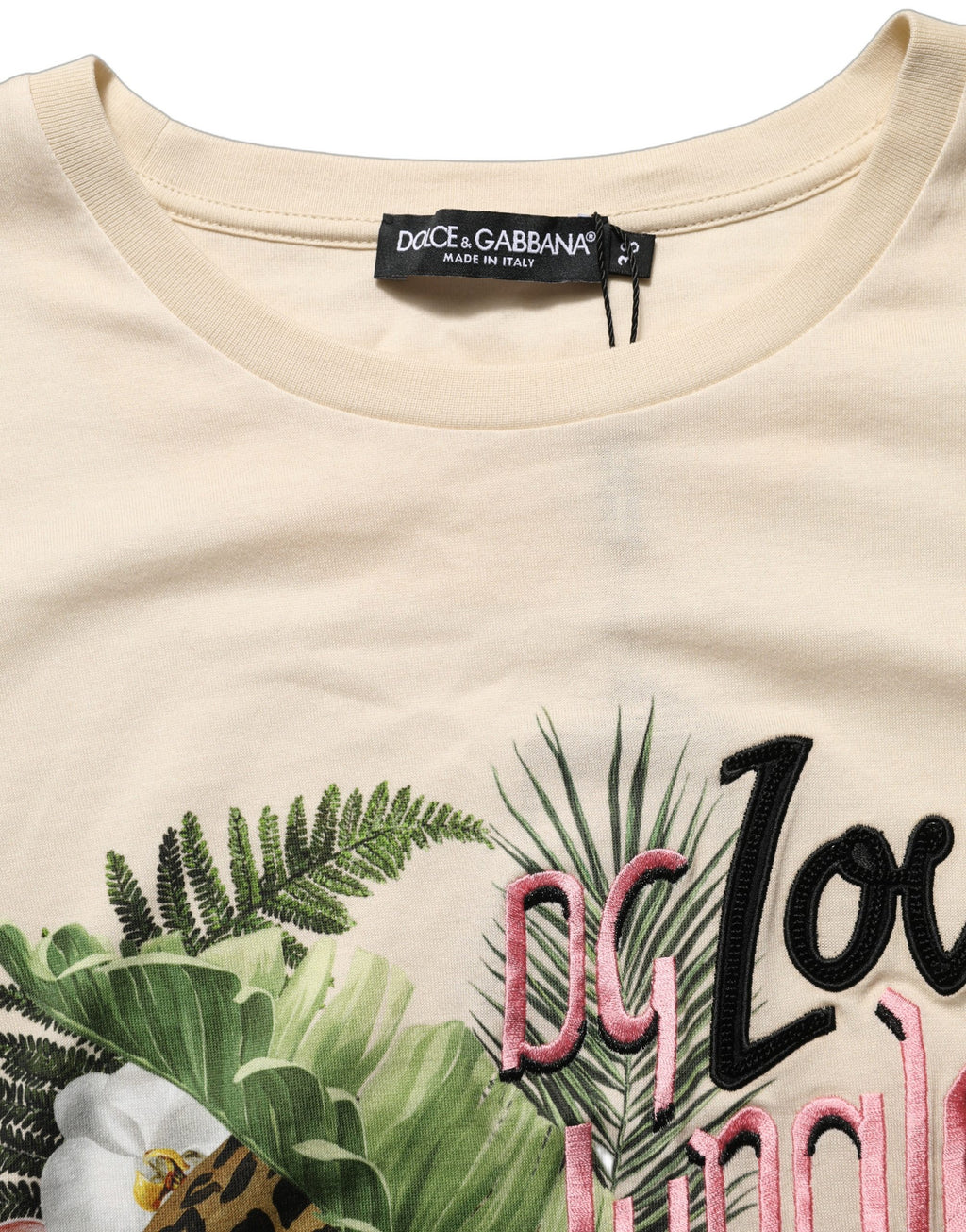 T-shirt en coton beige avec motif jungle de Dolce & Gabbana, col rond, design tendance et élégant.