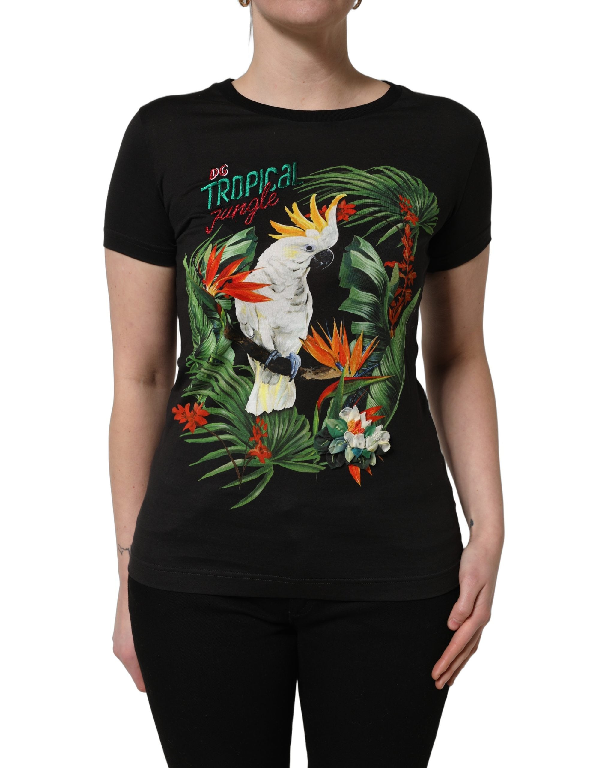 T-shirt en coton noir avec imprimé tropical de Dolce & Gabbana, col rond, mode élégante et décontractée.