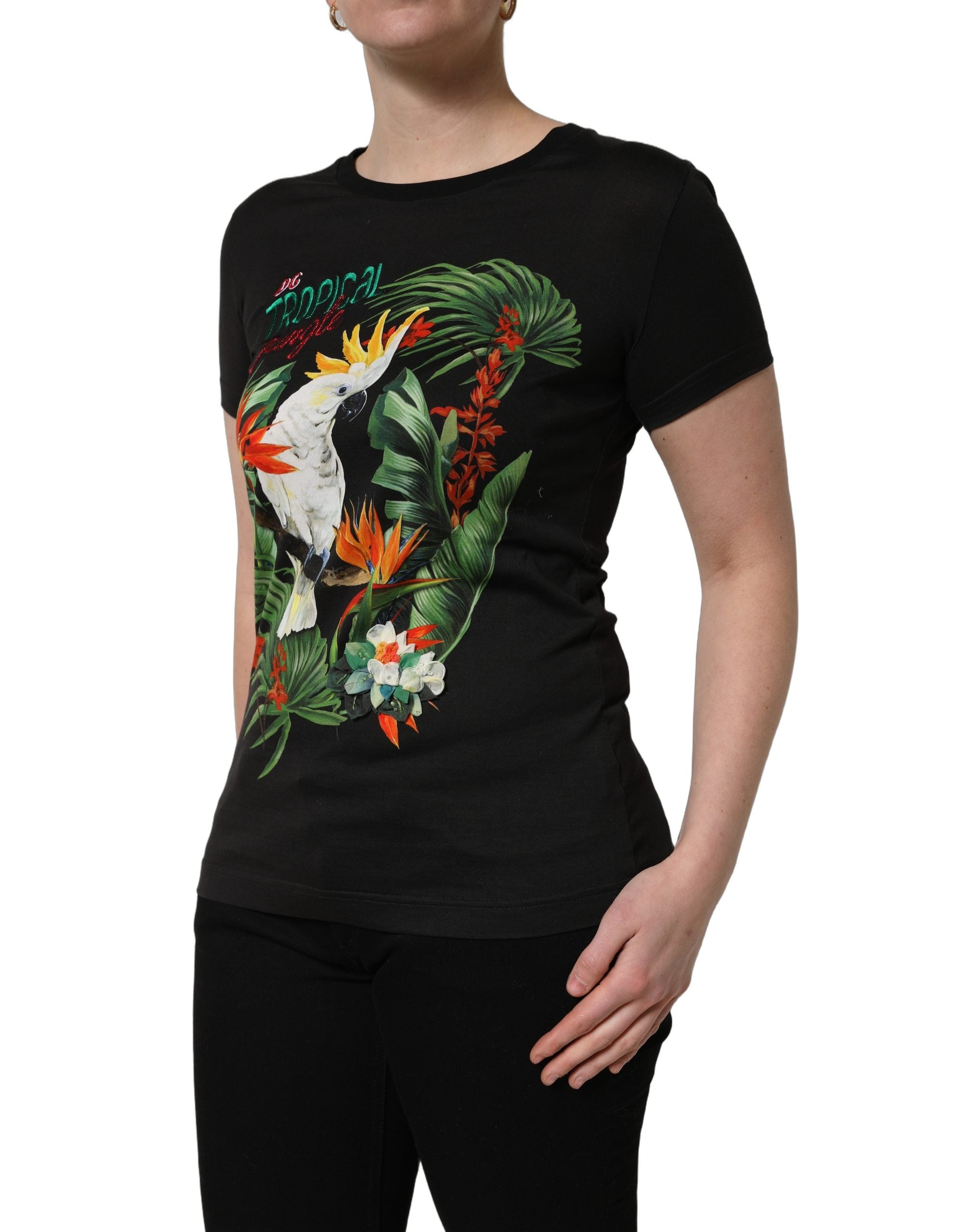 T-shirt en coton noir avec imprimé tropical de Dolce & Gabbana, col rond, vue de face.