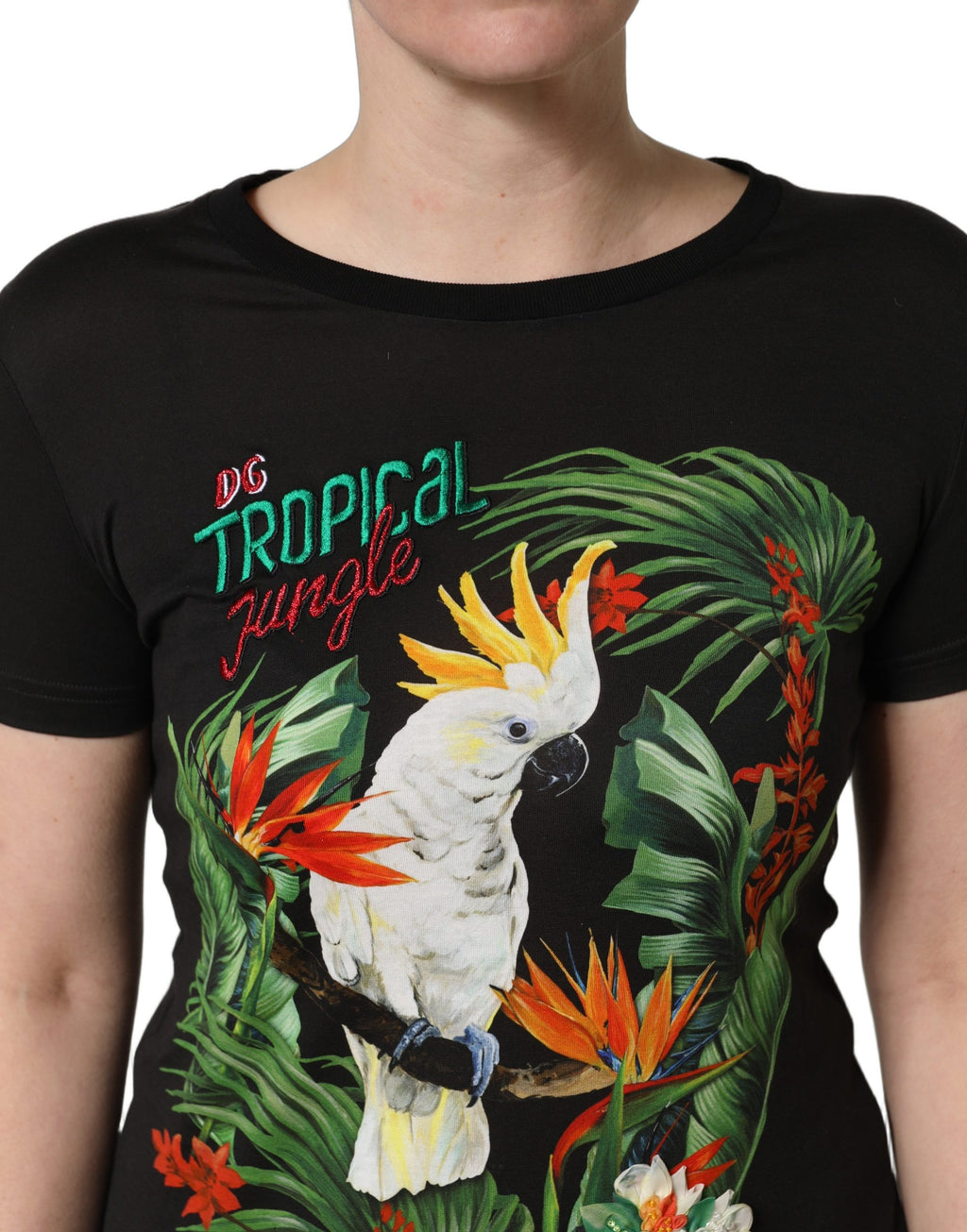 T-shirt en coton noir à motif tropical de Dolce & Gabbana avec col rond, design coloré et élégant.