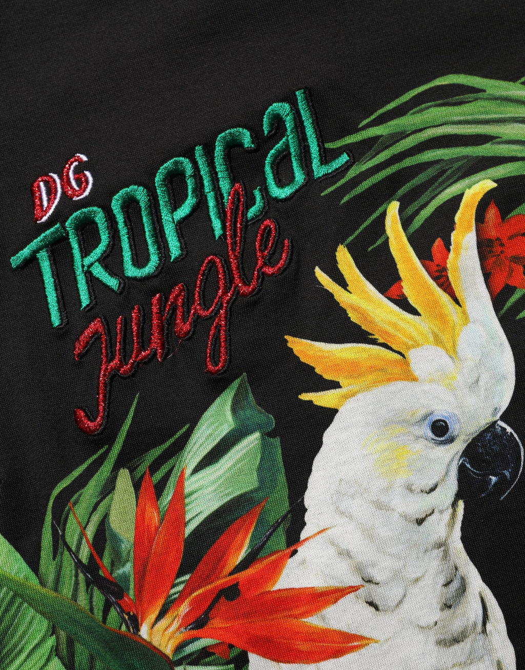 T-shirt en coton noir à motif tropical de Dolce & Gabbana, col rond, style décontracté et élégant.