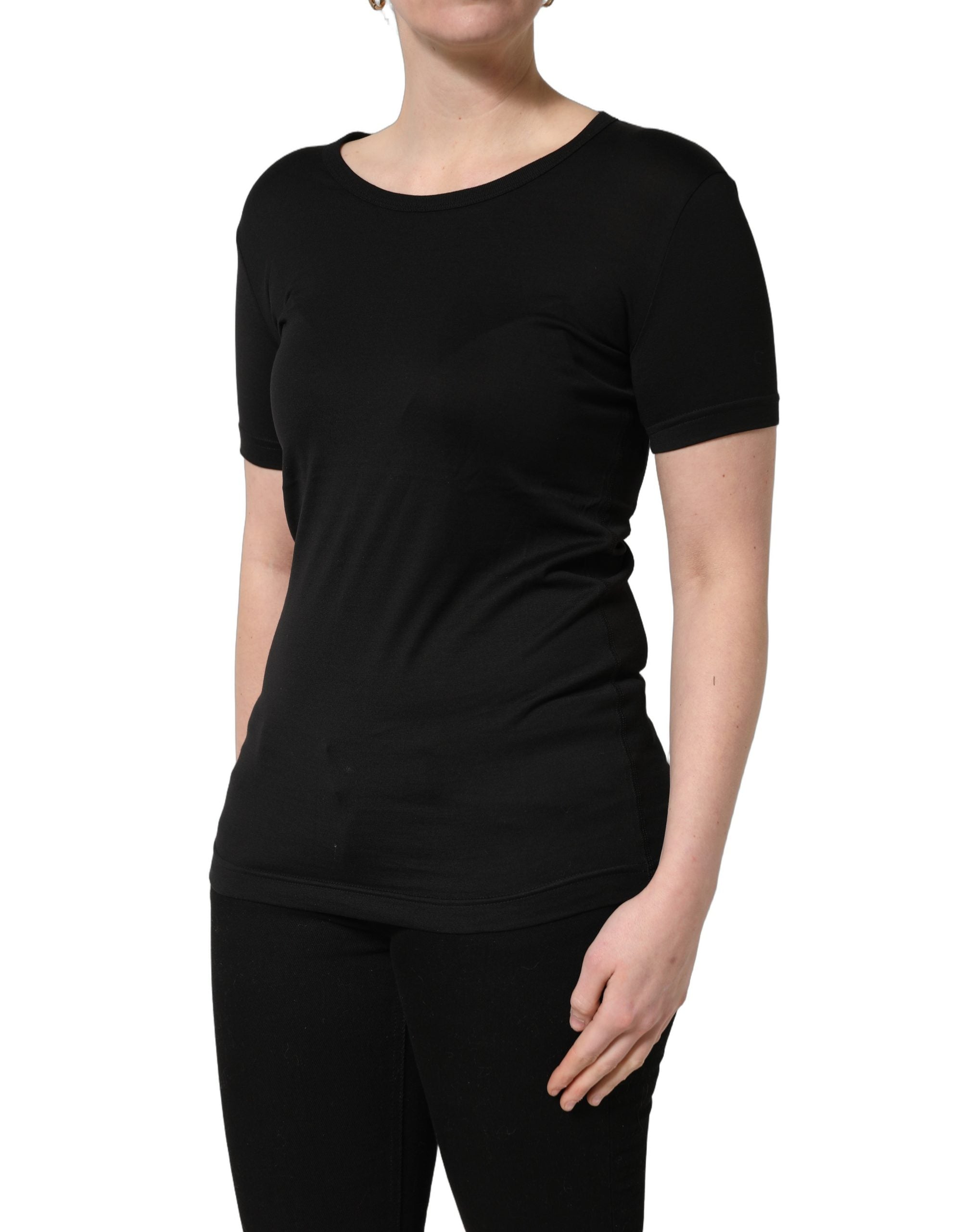 T-shirt noir Dolce & Gabbana en coton à col rond et manches courtes, vue de face, détails du tissu et design simple.