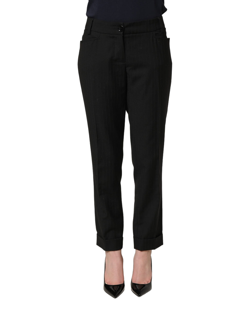 Pantalon noir Dolce & Gabbana en polyester à taille moyenne, élégant et tendance, visible en détail dans l'image.