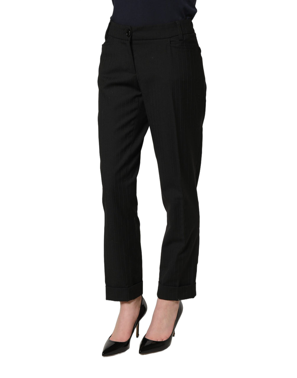 Pantalon noir Dolce & Gabbana en polyester à taille moyenne, vue de face avec poches latérales et coupe élégante.