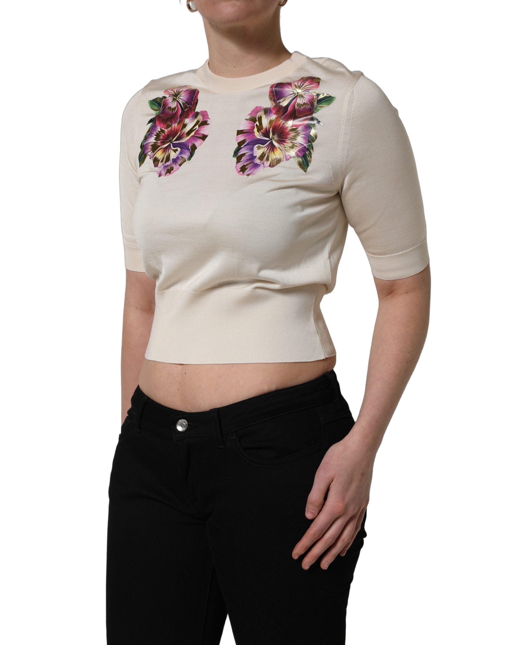 Pull à manches longues Dolce & Gabbana en soie beige avec imprimé floral, col rond élégant.