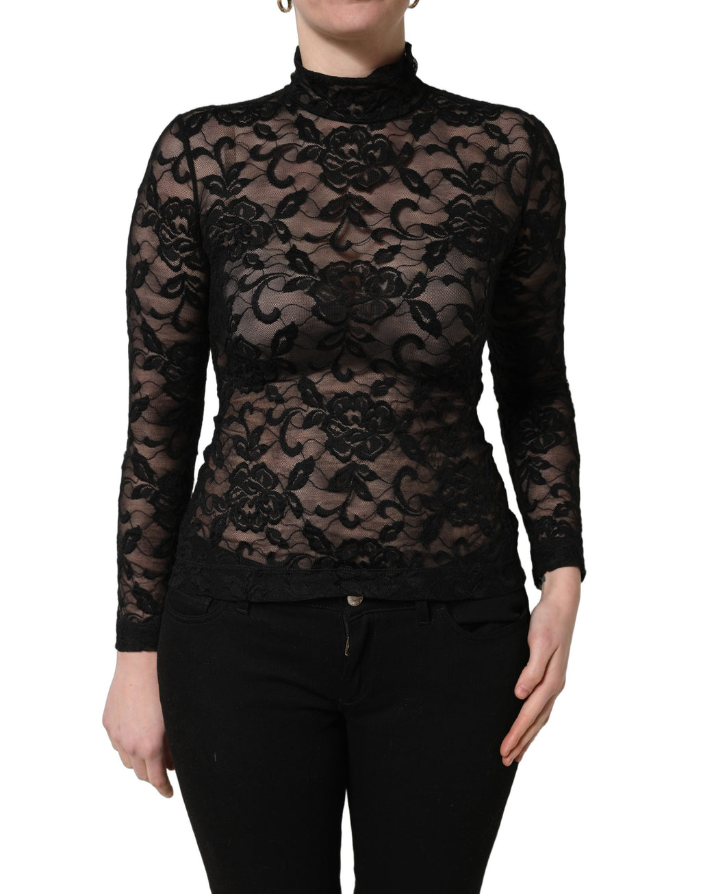 T-shirt Dolce & Gabbana noir à col montant en dentelle florale, manches longues, détail élégant et sophistiqué.