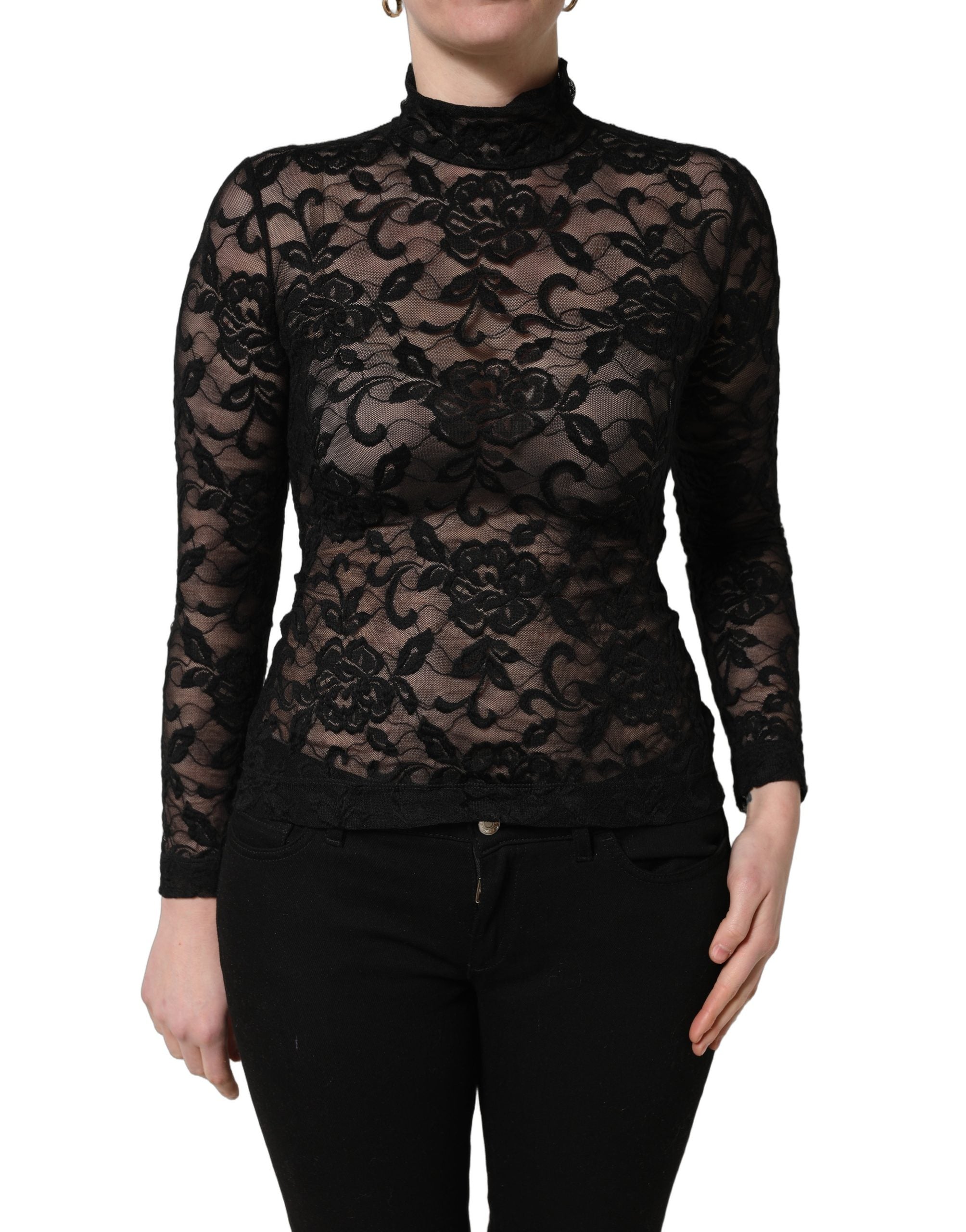 T-shirt Dolce & Gabbana noir à col montant en dentelle florale, manches longues, détail élégant et sophistiqué.