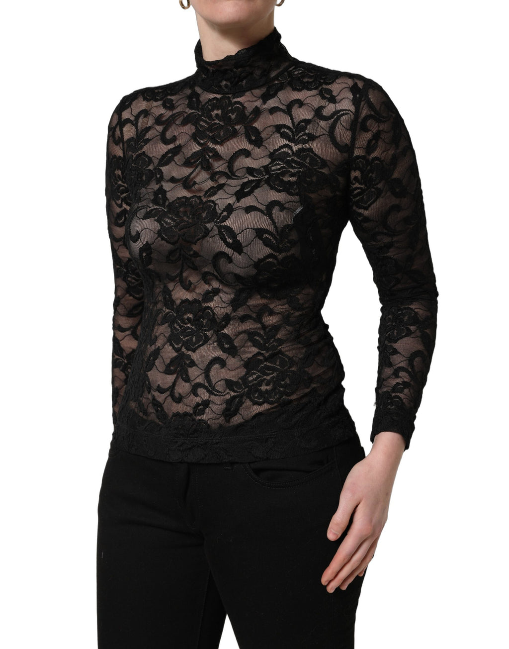 T-shirt à manches longues noir en dentelle florale avec col roulé de Dolce & Gabbana, détails élégants et tissu délicat.