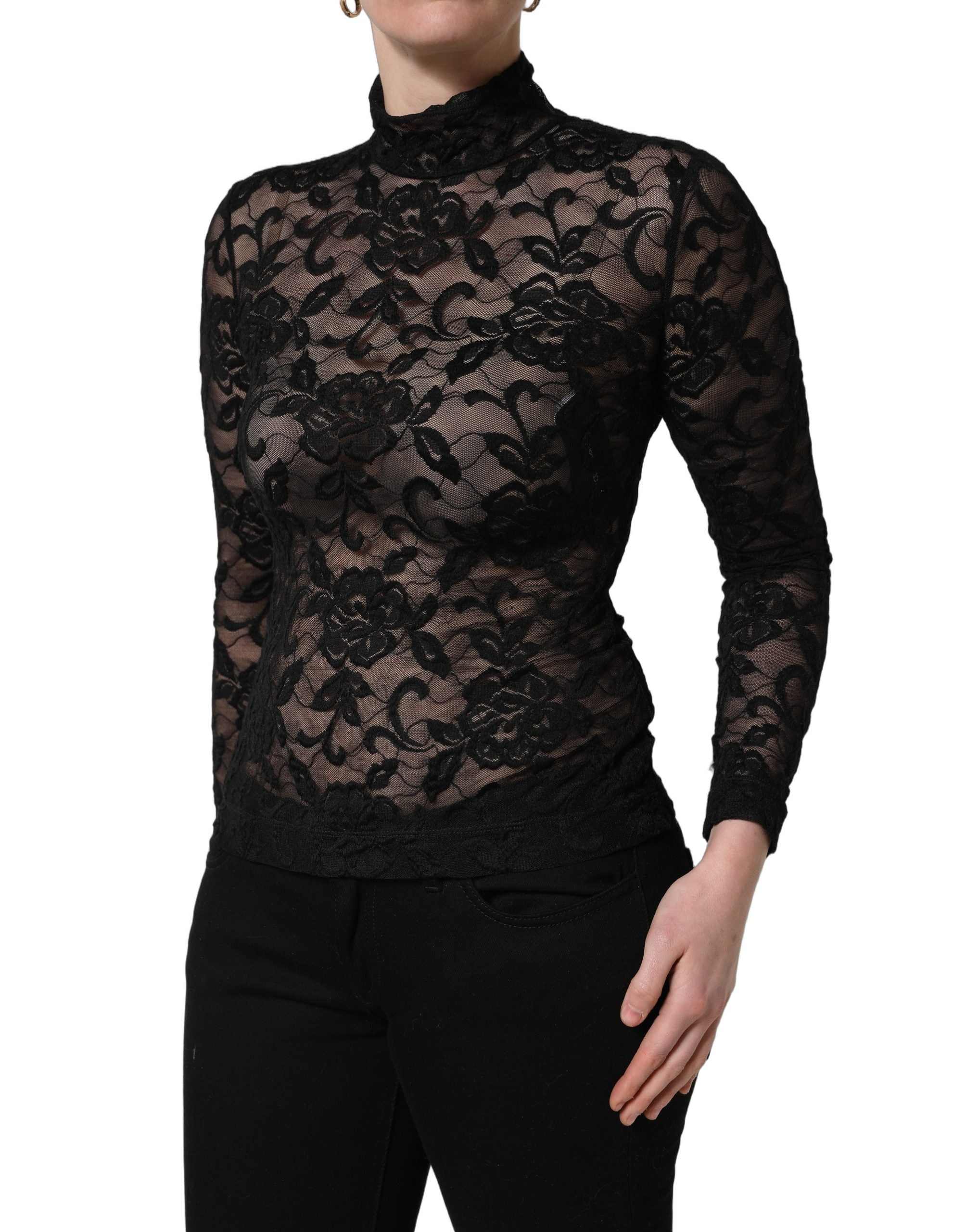 T-shirt à manches longues noir en dentelle florale avec col roulé de Dolce & Gabbana, détails élégants et tissu délicat.