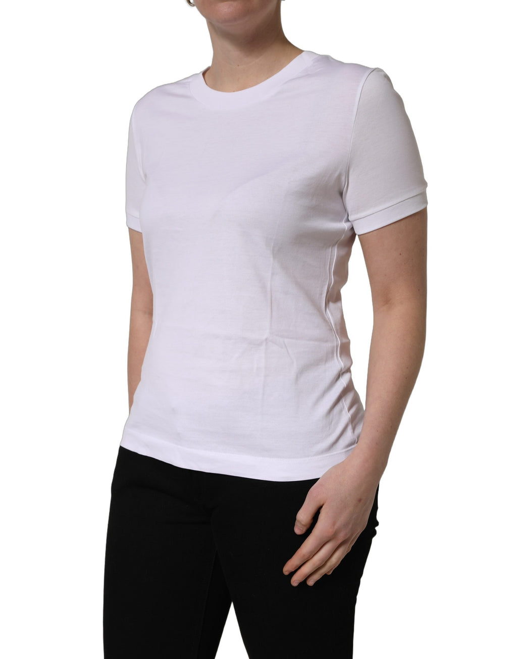 T-shirt blanc en coton à col rond et manches courtes de Dolce & Gabbana, vue en gros plan.
