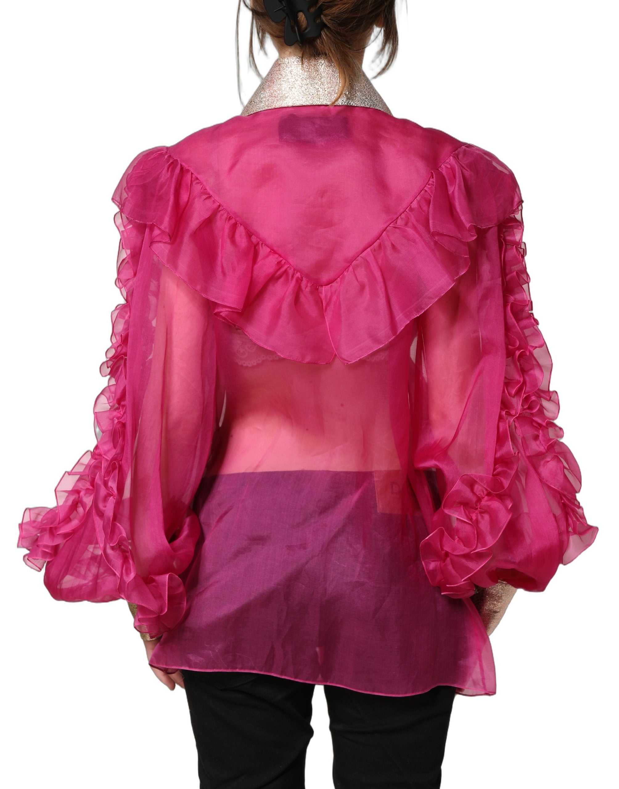 Chemisier en chiffon transparent fuchsia Dolce & Gabbana avec boutons, manche longues et coupe fluide, élégance féminine.