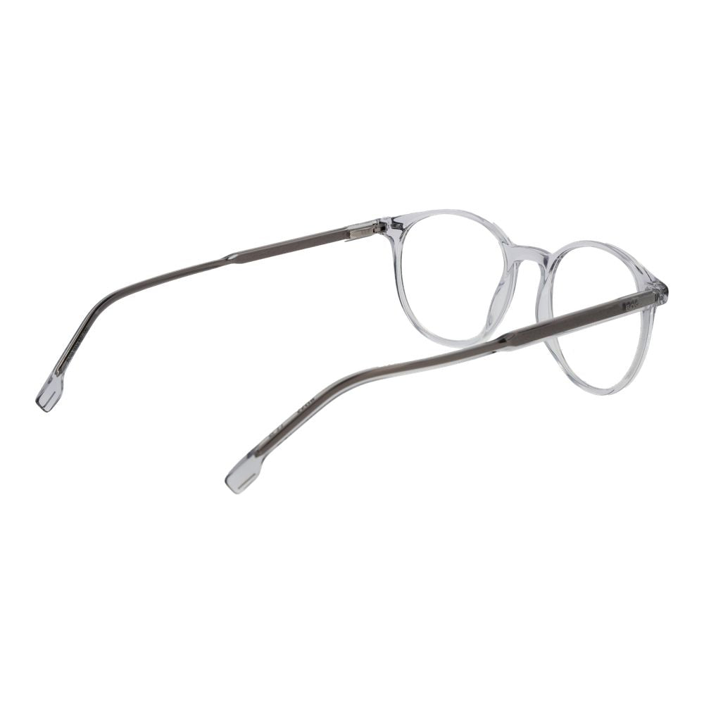 Lunettes en acétate gris de Hugo Boss, monture élégante pour homme ou femme, vues de face sur fond clair.