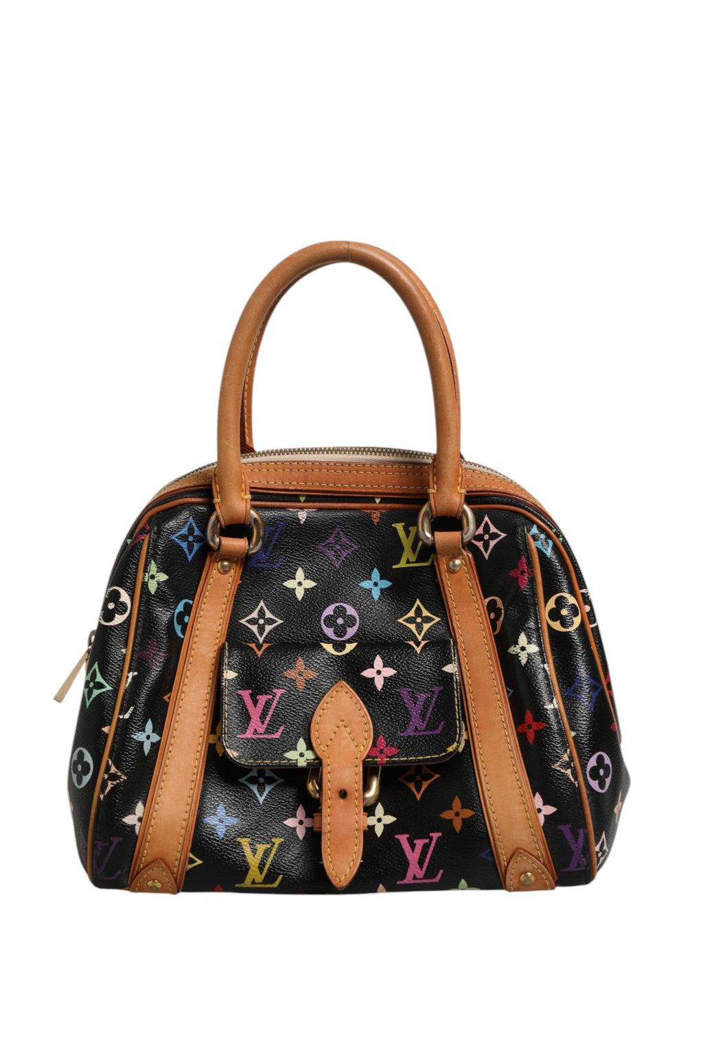 Sac à main Louis Vuitton Priscilla en toile Monogram multicolore et cuir noir, avec poignées en cuir et fermeture métallique.